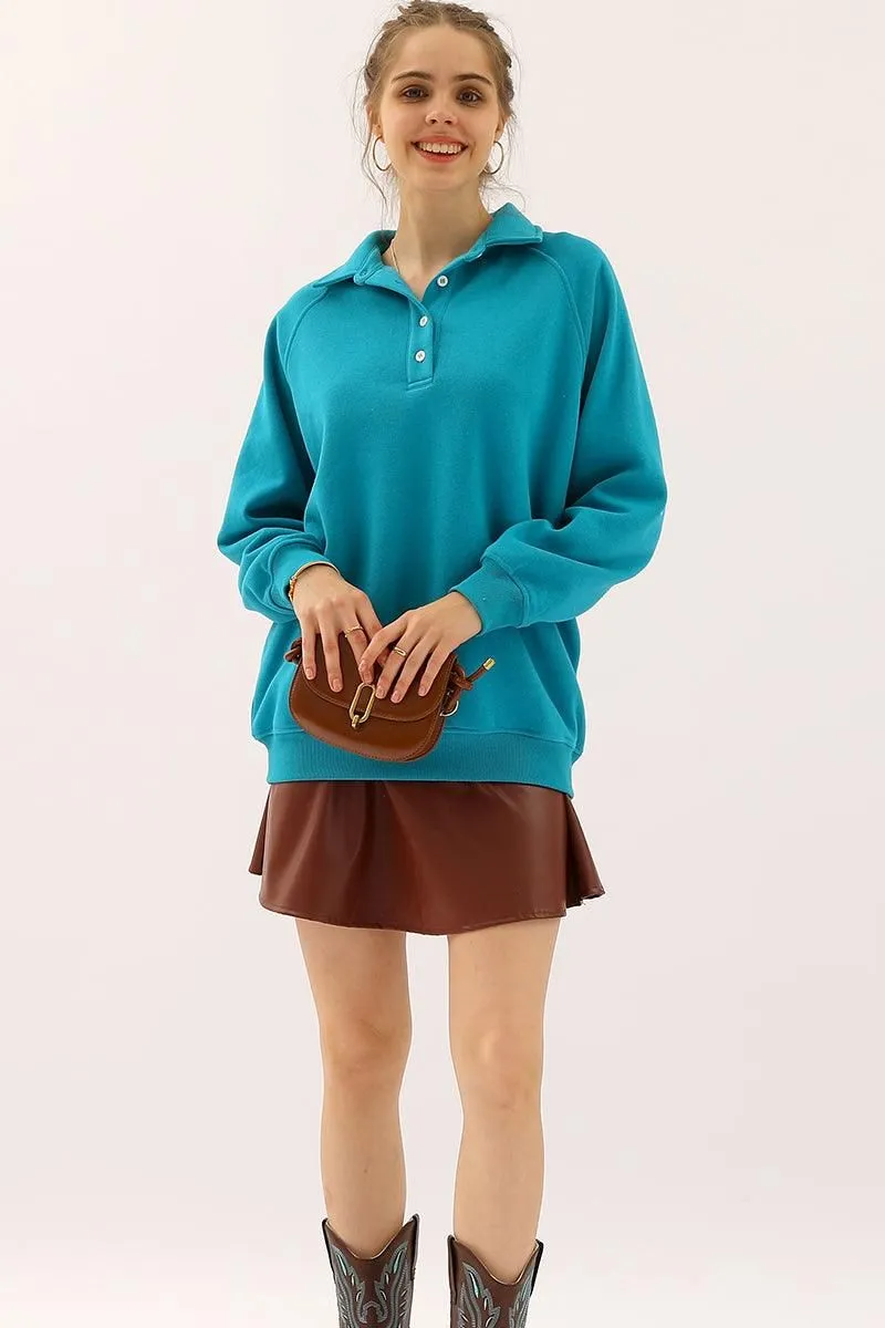 BUTTON COLLAR RAGLAN LONG SLEEVE CASUAL SWEATSHIRT