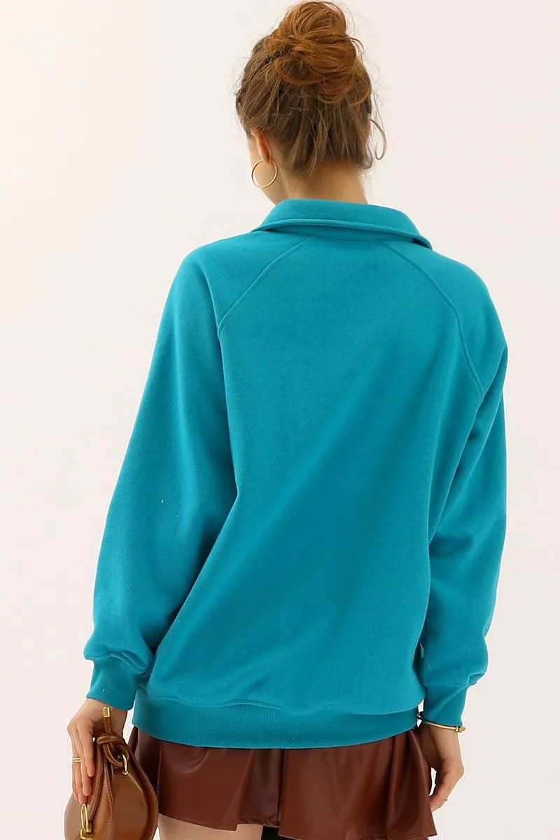 BUTTON COLLAR RAGLAN LONG SLEEVE CASUAL SWEATSHIRT