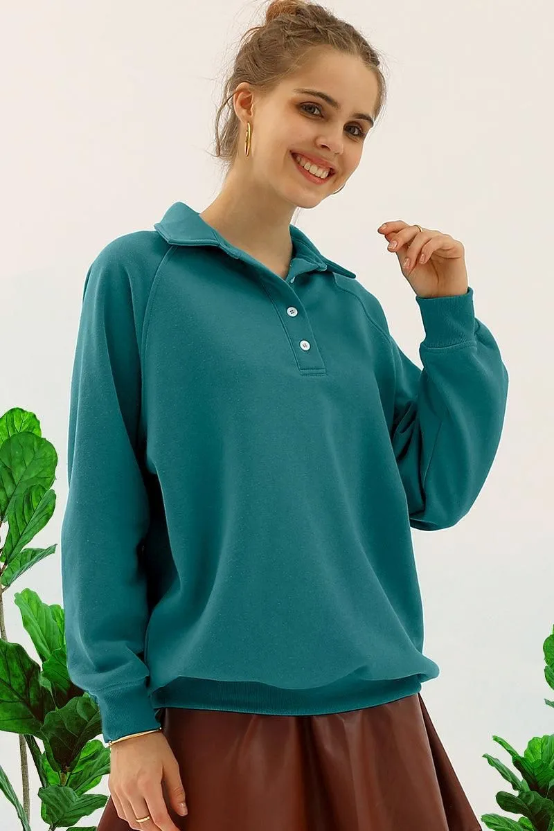 BUTTON COLLAR RAGLAN LONG SLEEVE CASUAL SWEATSHIRT
