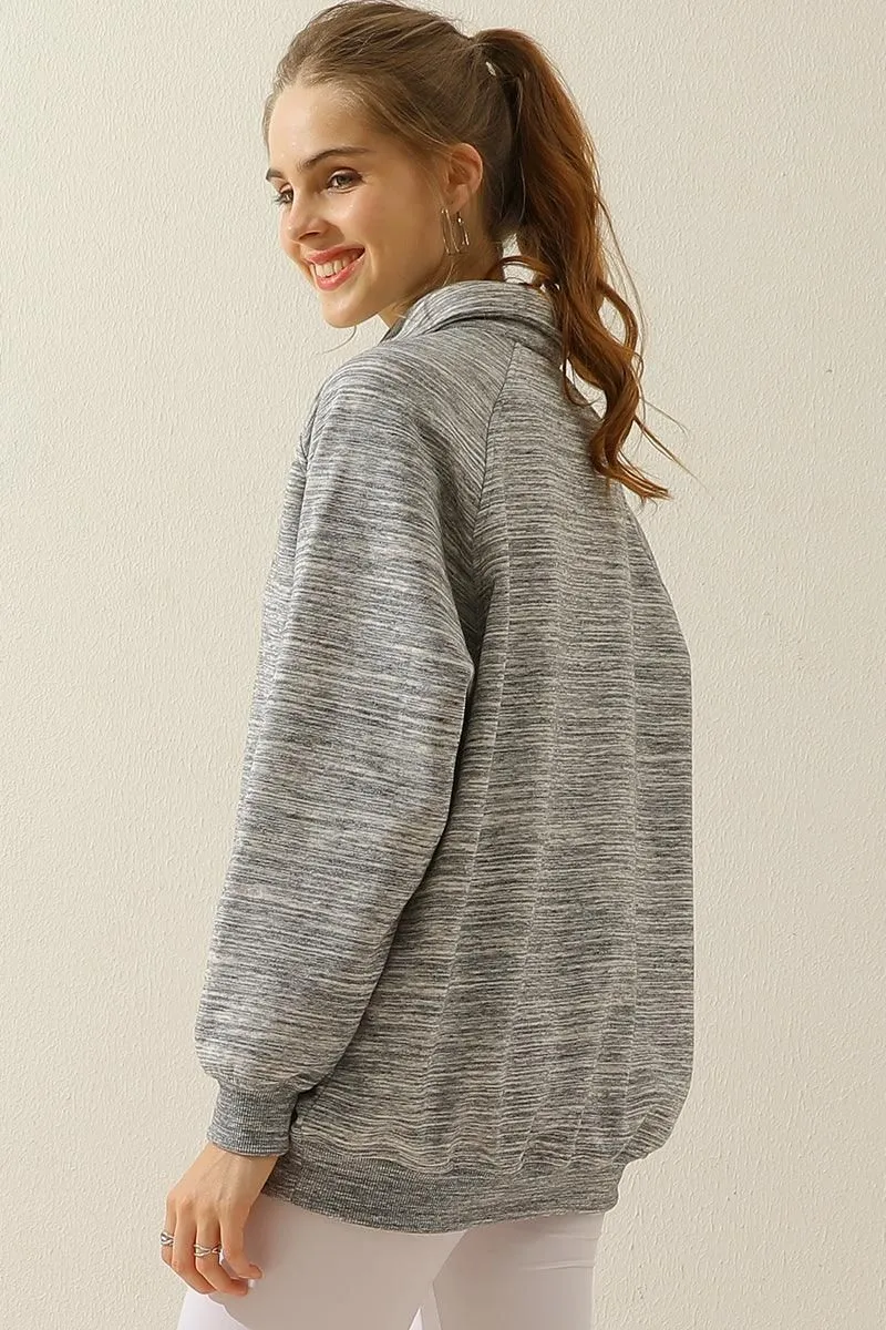 BUTTON COLLAR RAGLAN LONG SLEEVE CASUAL SWEATSHIRT