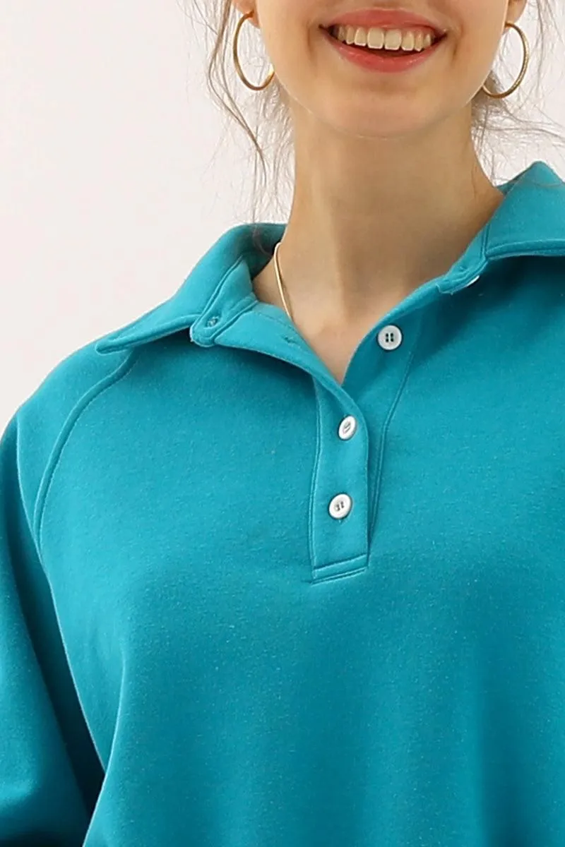 BUTTON COLLAR RAGLAN LONG SLEEVE CASUAL SWEATSHIRT
