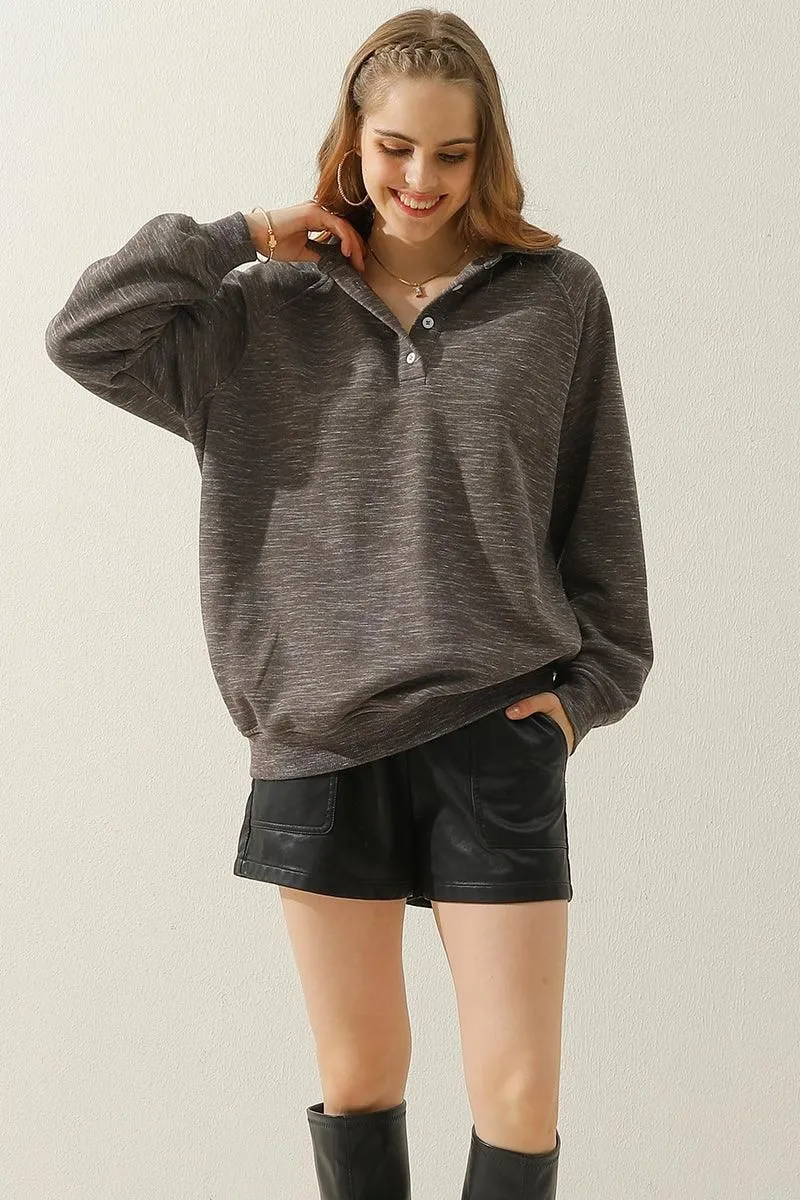 BUTTON COLLAR RAGLAN LONG SLEEVE CASUAL SWEATSHIRT