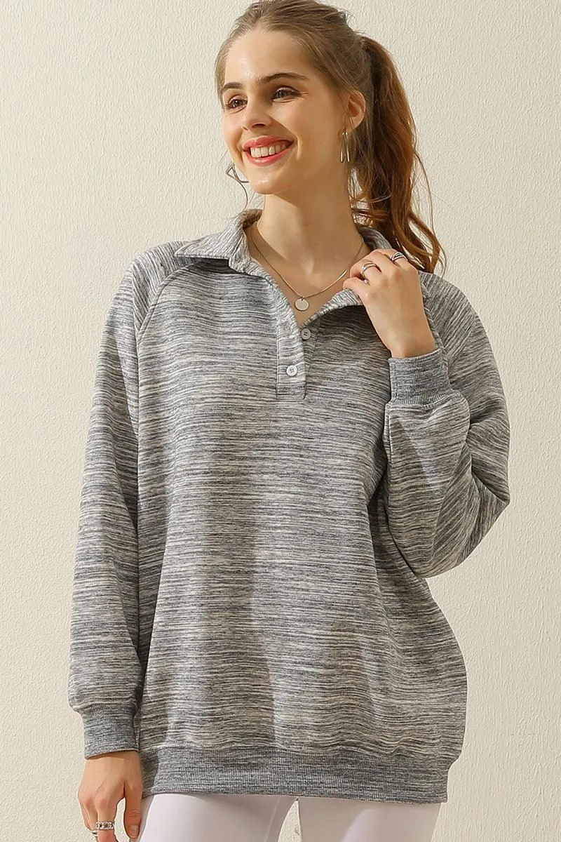 BUTTON COLLAR RAGLAN LONG SLEEVE CASUAL SWEATSHIRT