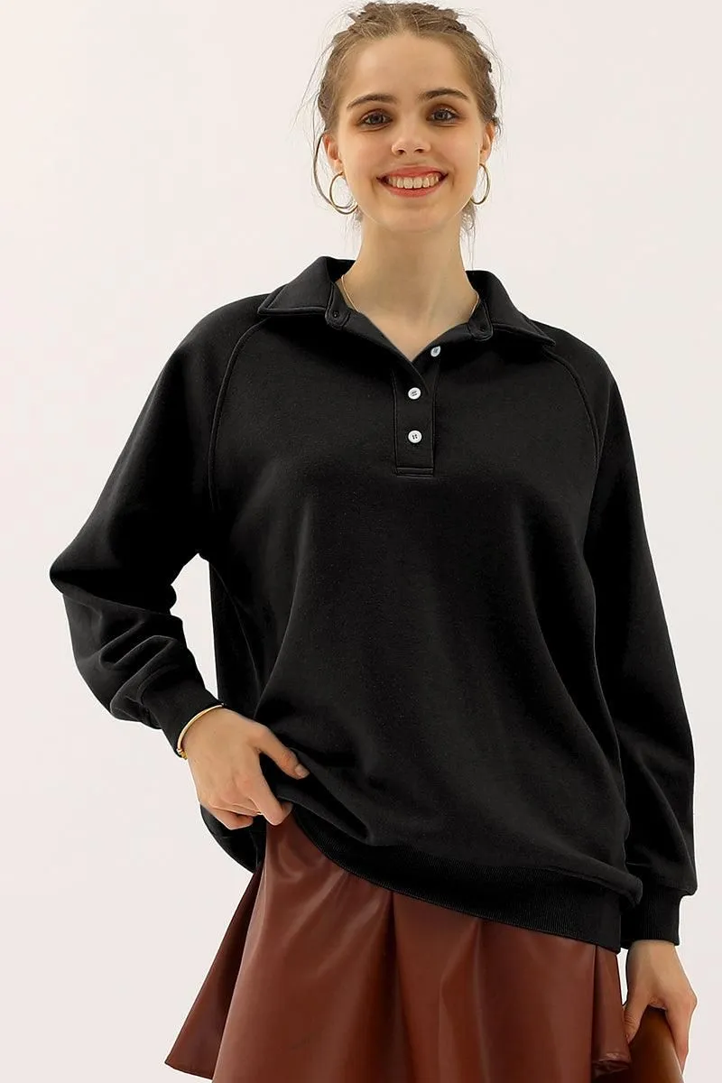 BUTTON COLLAR RAGLAN LONG SLEEVE CASUAL SWEATSHIRT