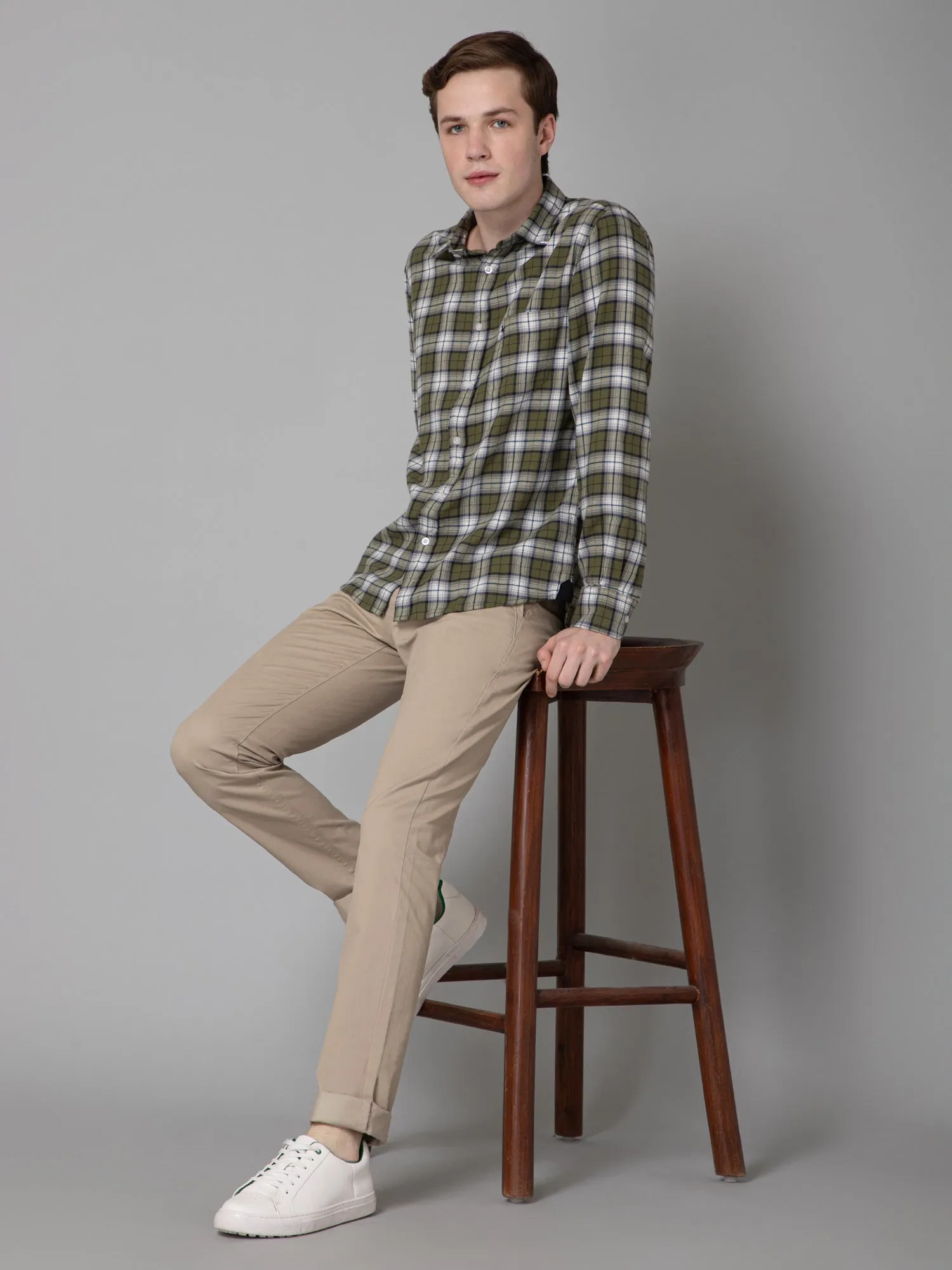 Cantabil Checkered Green Full Sleeve Regular Fit Casual Shirt for Men with Pocket
