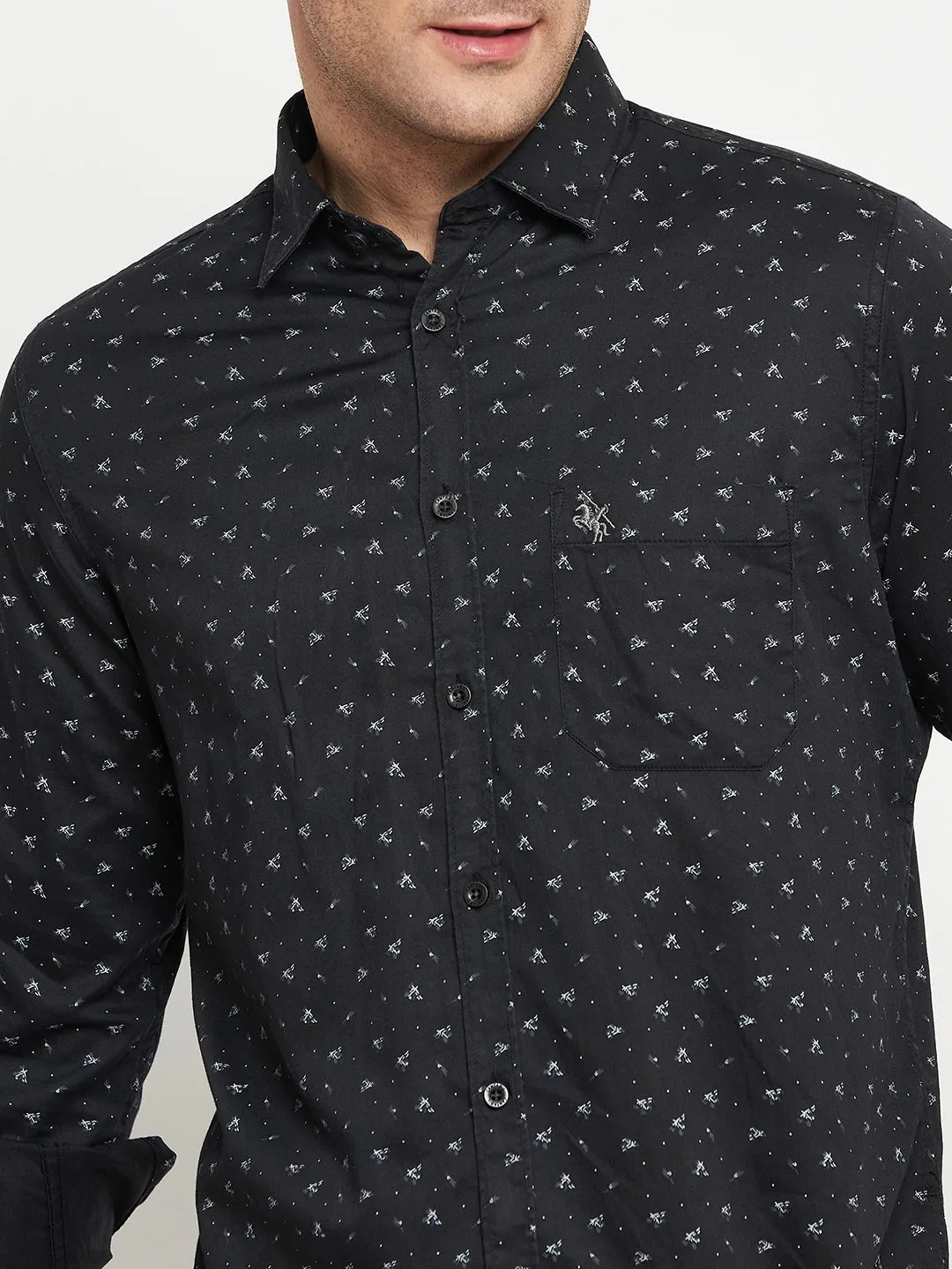 Cantabil Cotton Black Printed Full Sleeve Regular Fit Casual Shirt for Men with Pocket