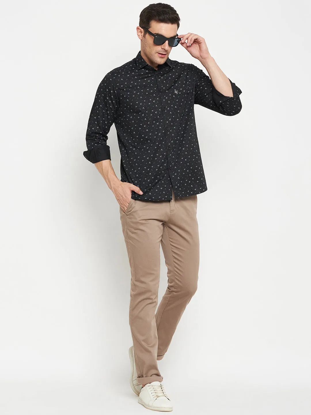 Cantabil Cotton Black Printed Full Sleeve Regular Fit Casual Shirt for Men with Pocket