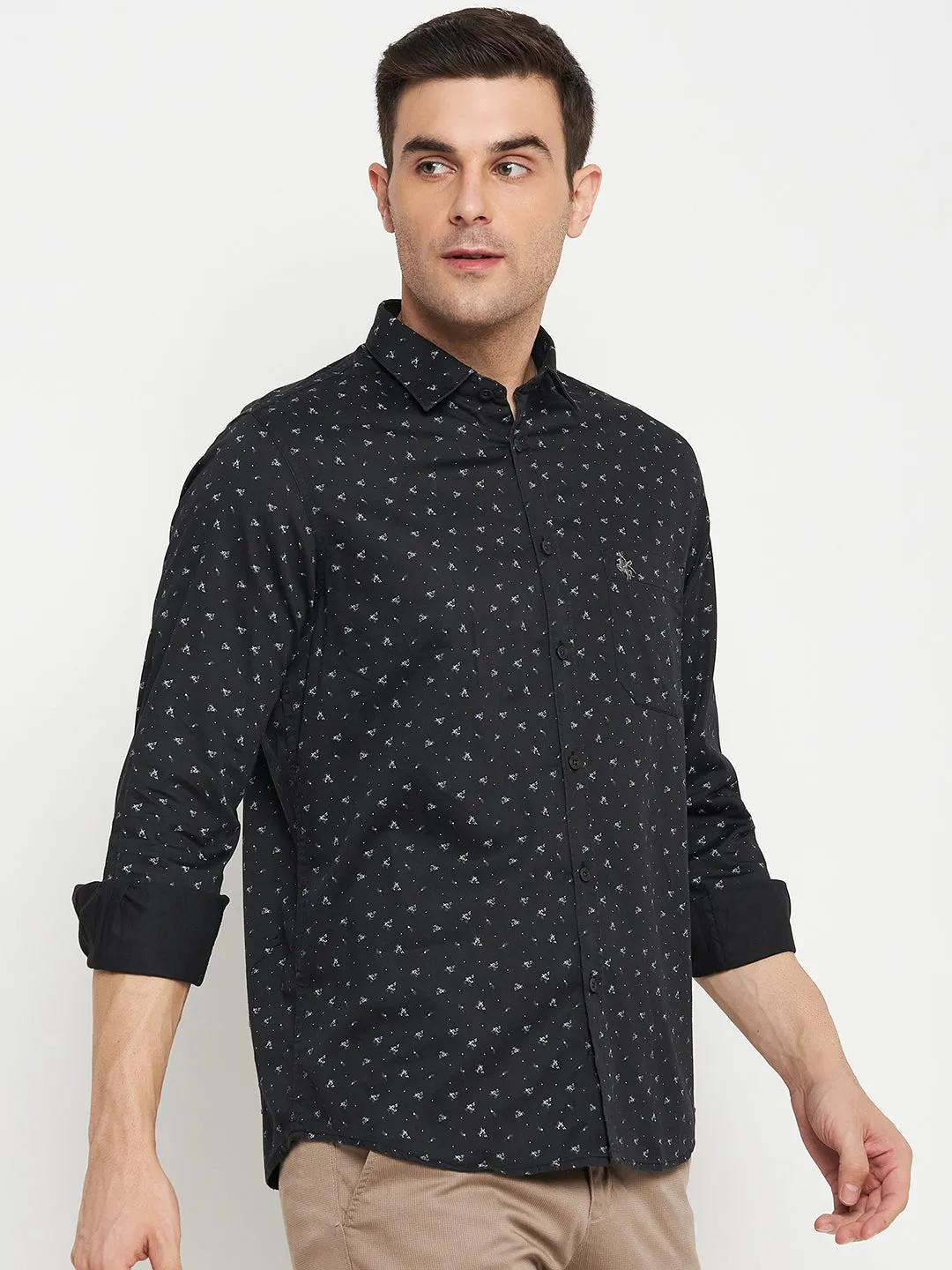 Cantabil Cotton Black Printed Full Sleeve Regular Fit Casual Shirt for Men with Pocket