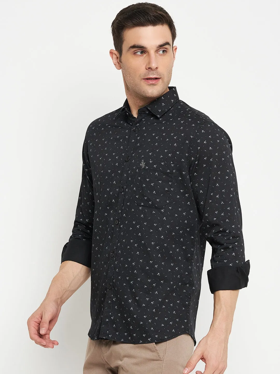 Cantabil Cotton Black Printed Full Sleeve Regular Fit Casual Shirt for Men with Pocket