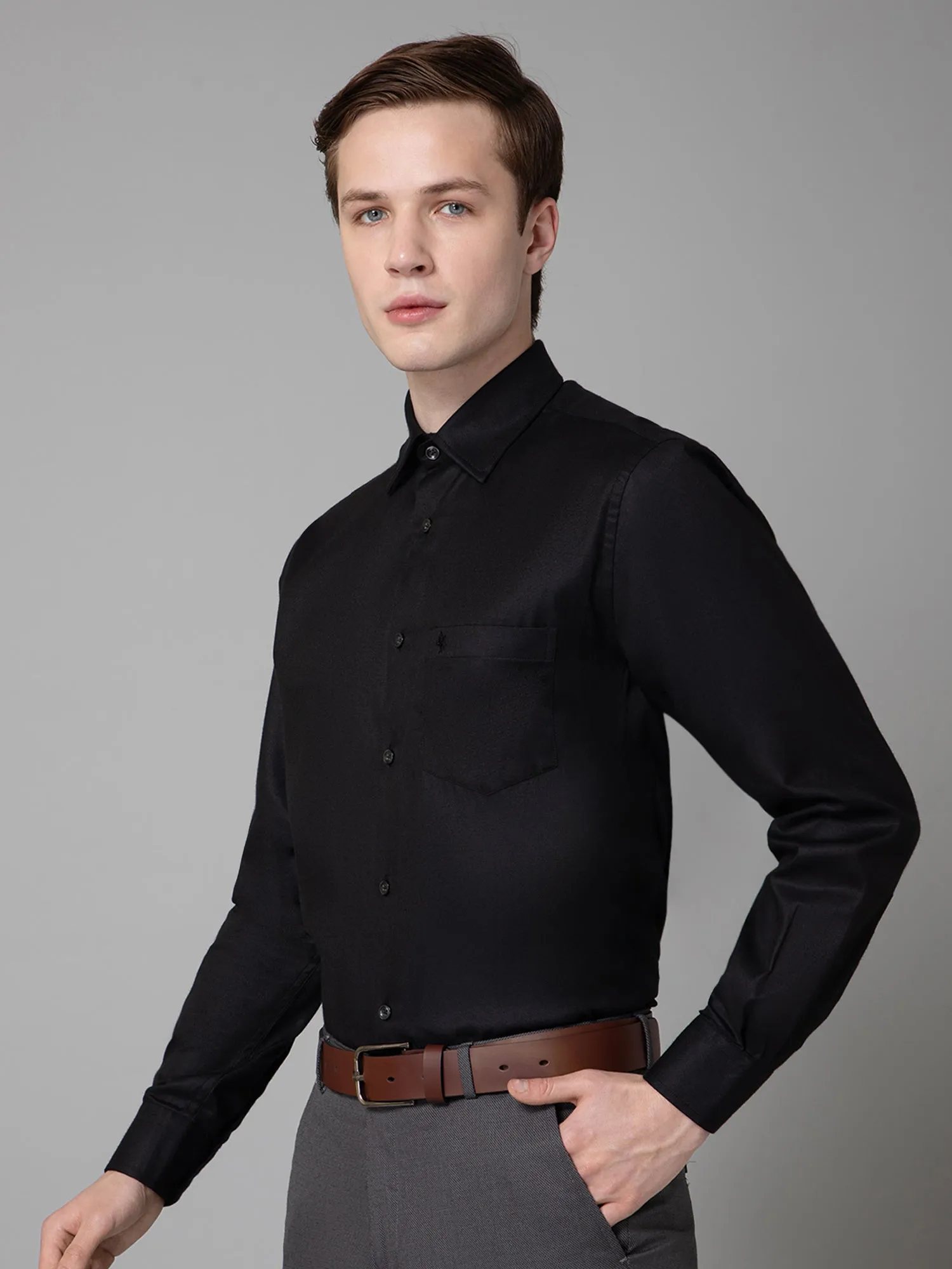 Cantabil Cotton Black Self Design Full Sleeve Regular Fit Formal Shirt for Men with Pocket