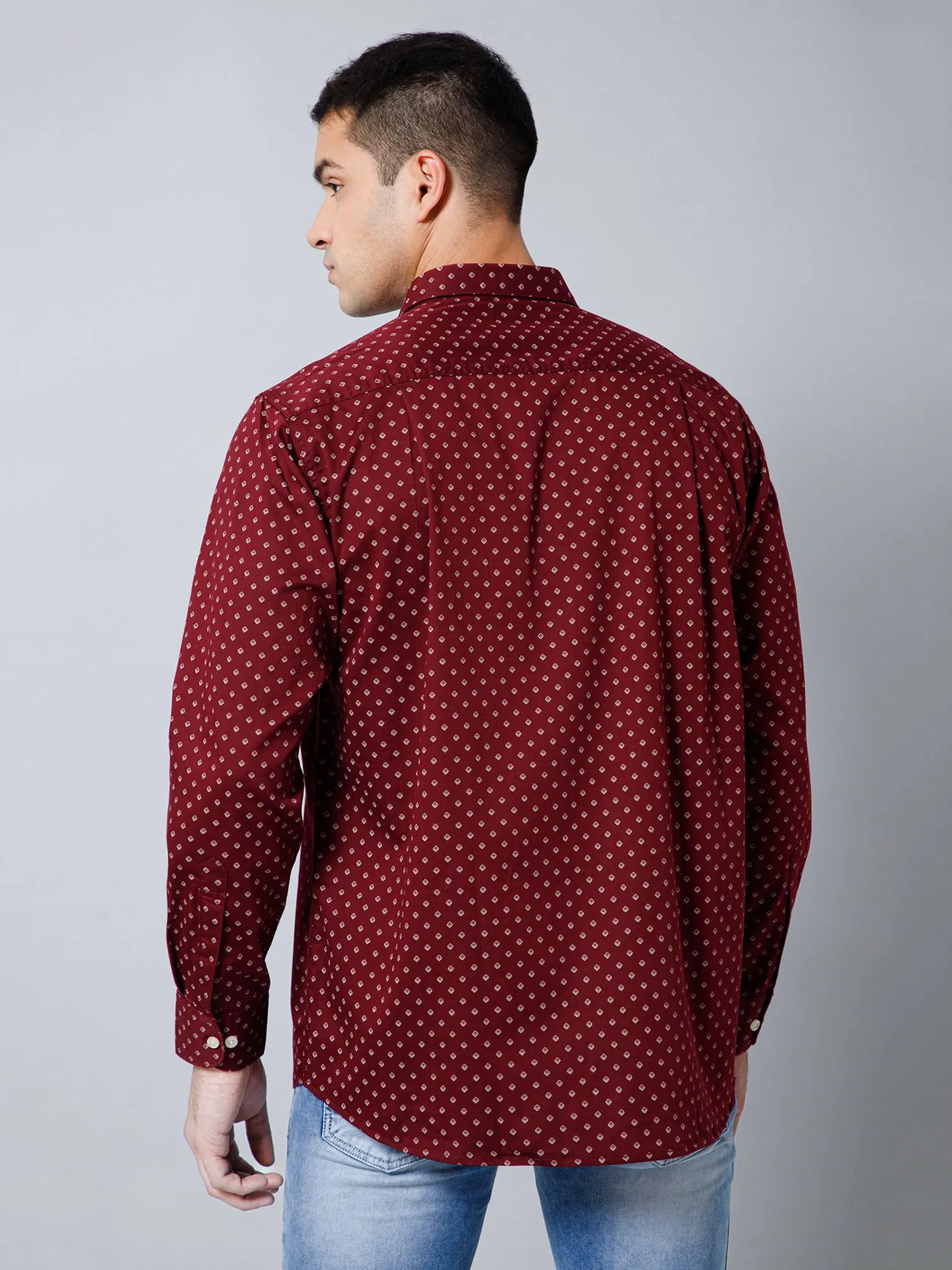 Cantabil Cotton Blend Micro Printed Full Sleeve Regular Fit Maroon Casual Shirt with Pocket for Men