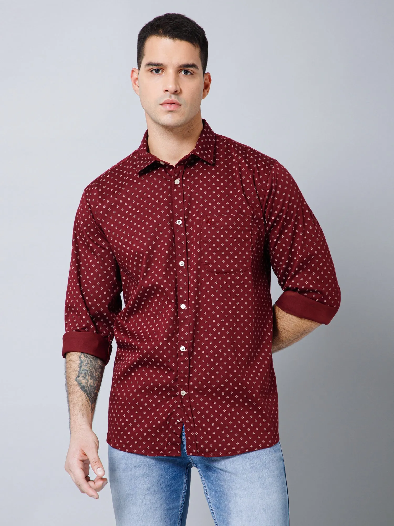 Cantabil Cotton Blend Micro Printed Full Sleeve Regular Fit Maroon Casual Shirt with Pocket for Men