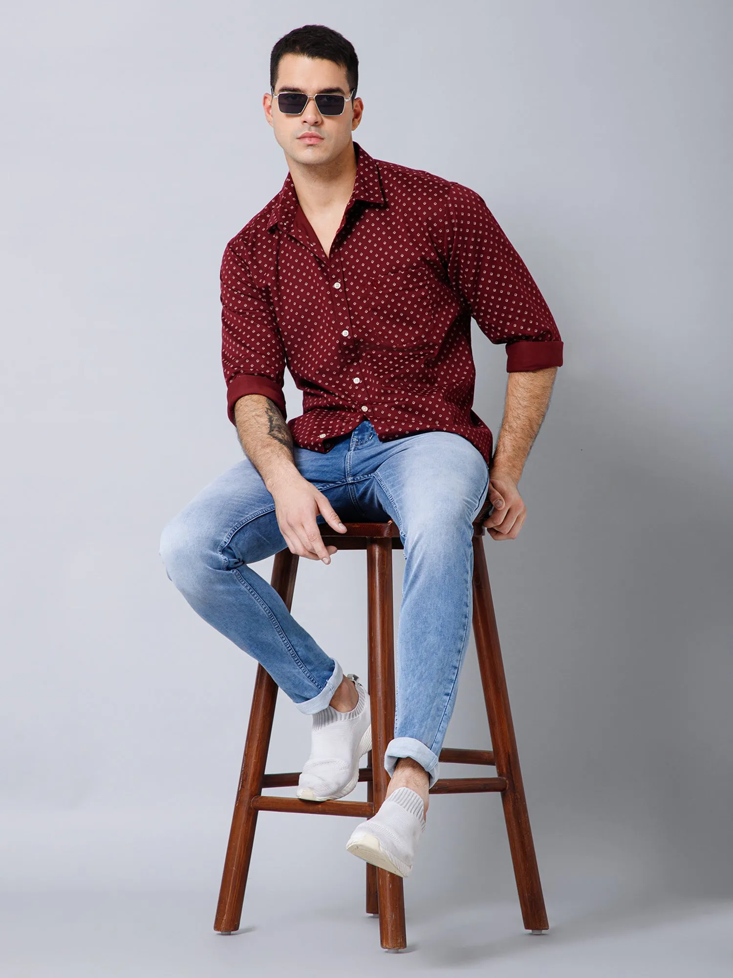 Cantabil Cotton Blend Micro Printed Full Sleeve Regular Fit Maroon Casual Shirt with Pocket for Men