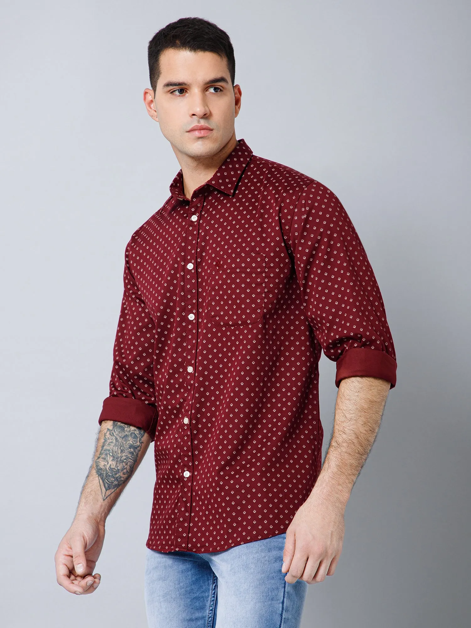 Cantabil Cotton Blend Micro Printed Full Sleeve Regular Fit Maroon Casual Shirt with Pocket for Men