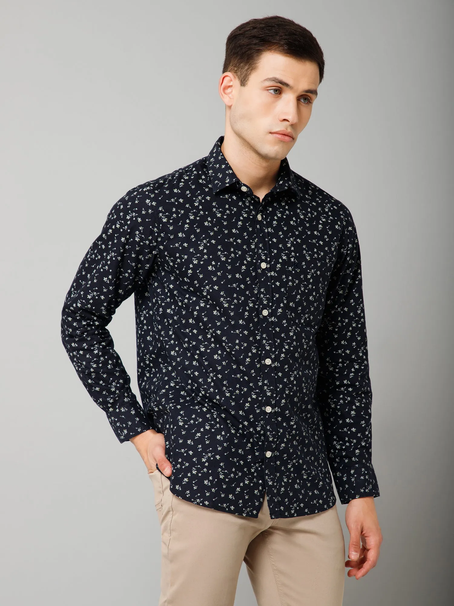 Cantabil Cotton Blend Printed Full Sleeve Regular Fit Navy Blue Casual Shirt for Men with Pocket