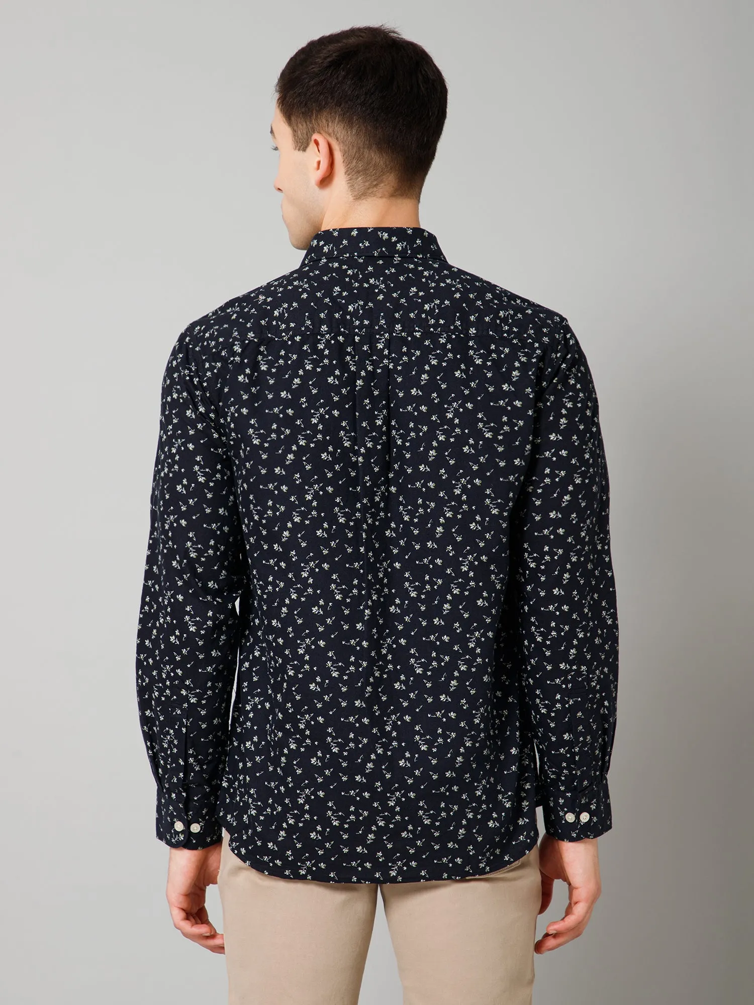 Cantabil Cotton Blend Printed Full Sleeve Regular Fit Navy Blue Casual Shirt for Men with Pocket