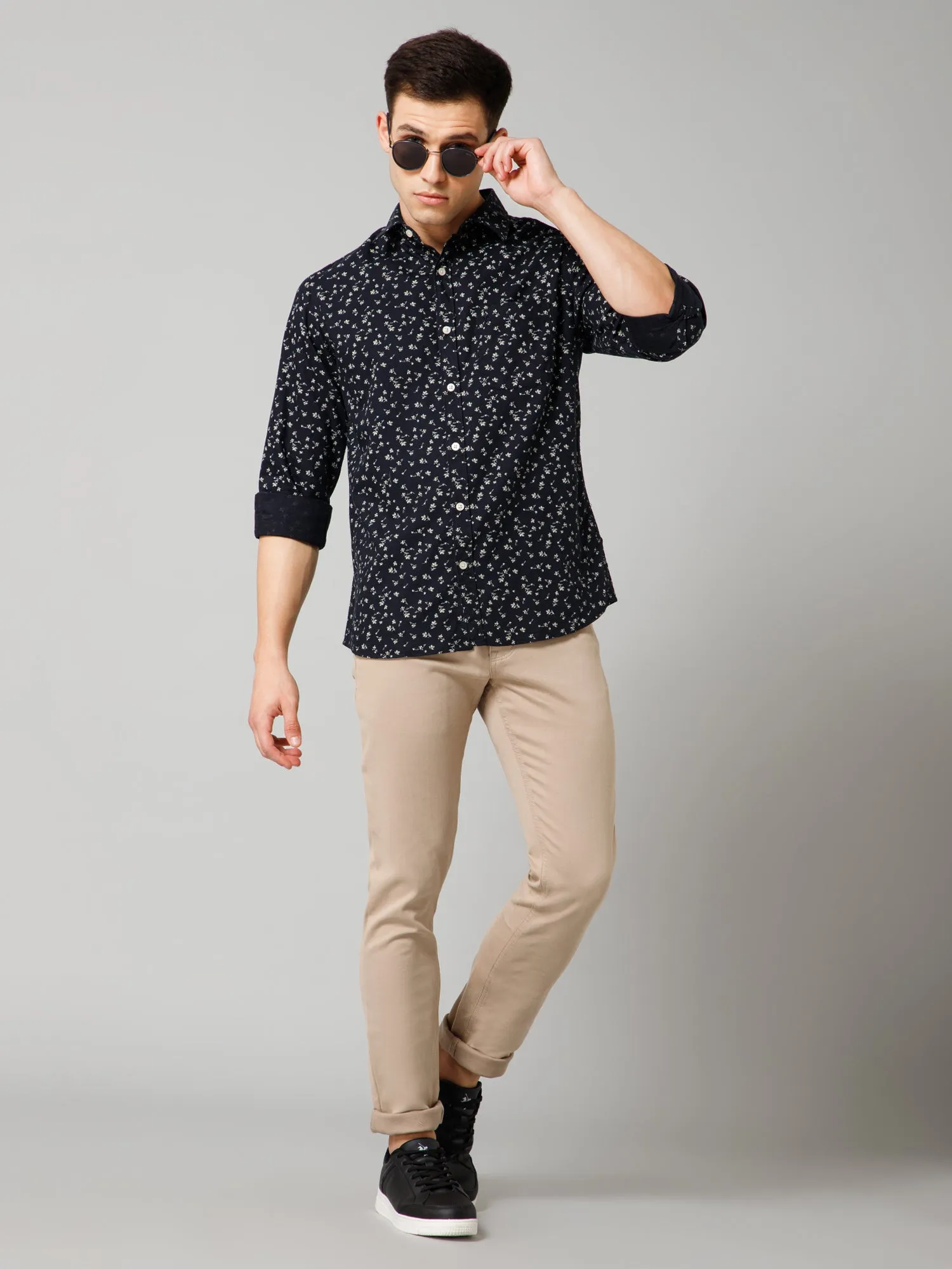 Cantabil Cotton Blend Printed Full Sleeve Regular Fit Navy Blue Casual Shirt for Men with Pocket