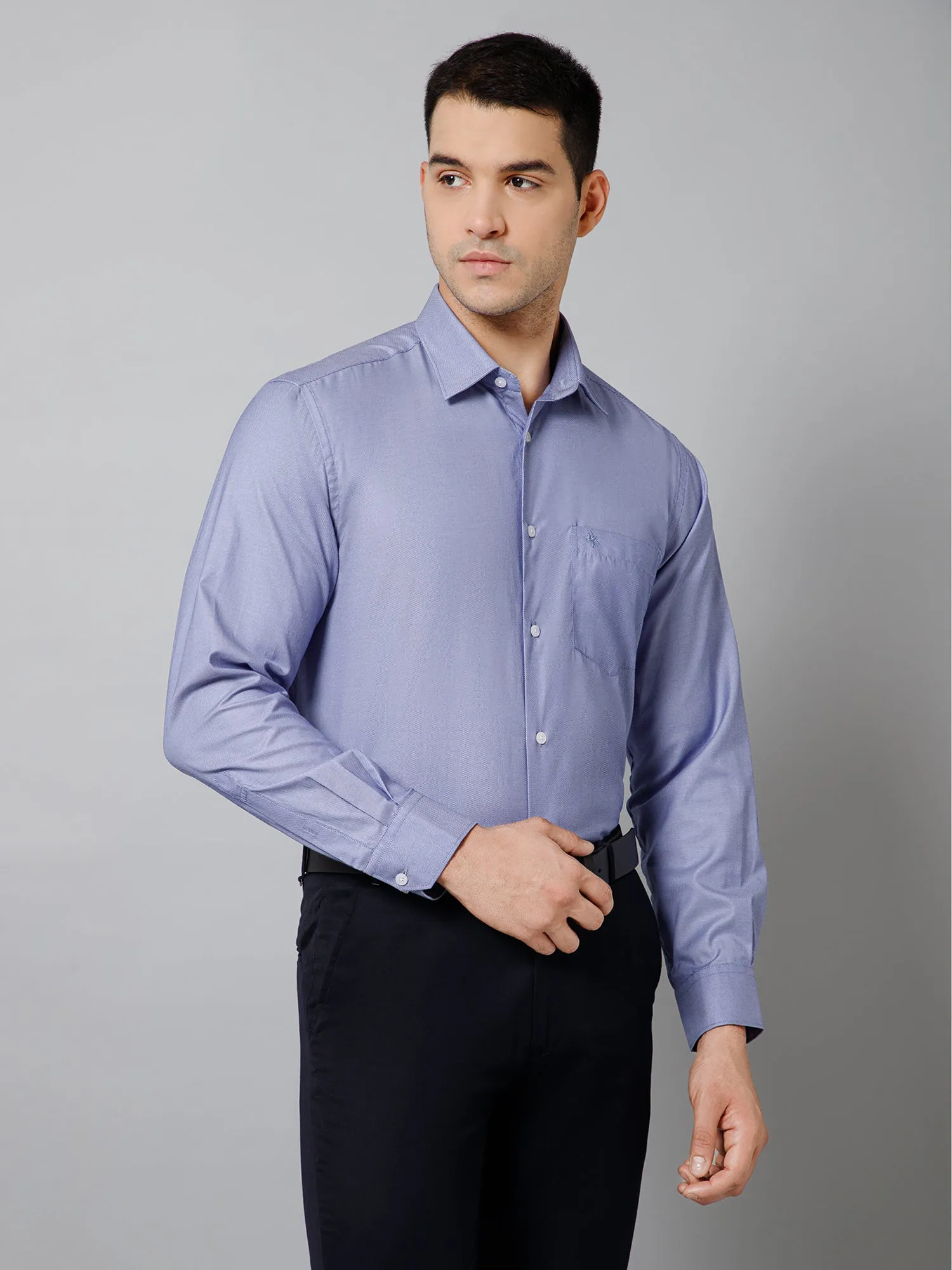 Cantabil Cotton Blend Self Design Full Sleeve Regular Fit Blue Formal Shirt for Men with Pocket