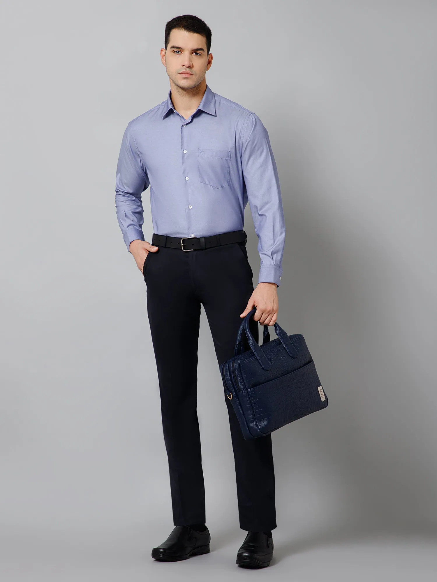 Cantabil Cotton Blend Self Design Full Sleeve Regular Fit Blue Formal Shirt for Men with Pocket