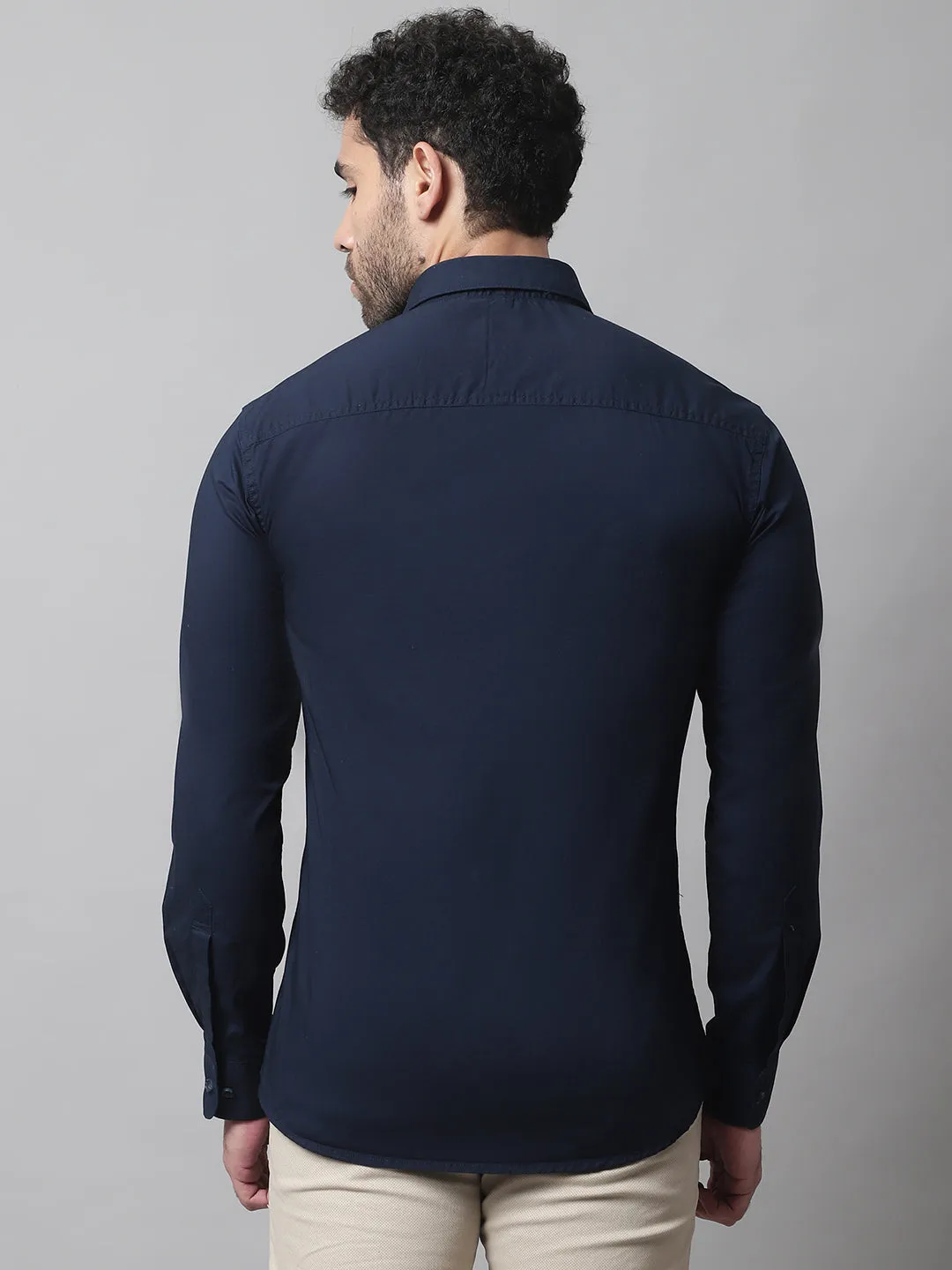 Cantabil Cotton Blend Solid Navy Blue Full Sleeve Casual Shirt for Men with Pocket
