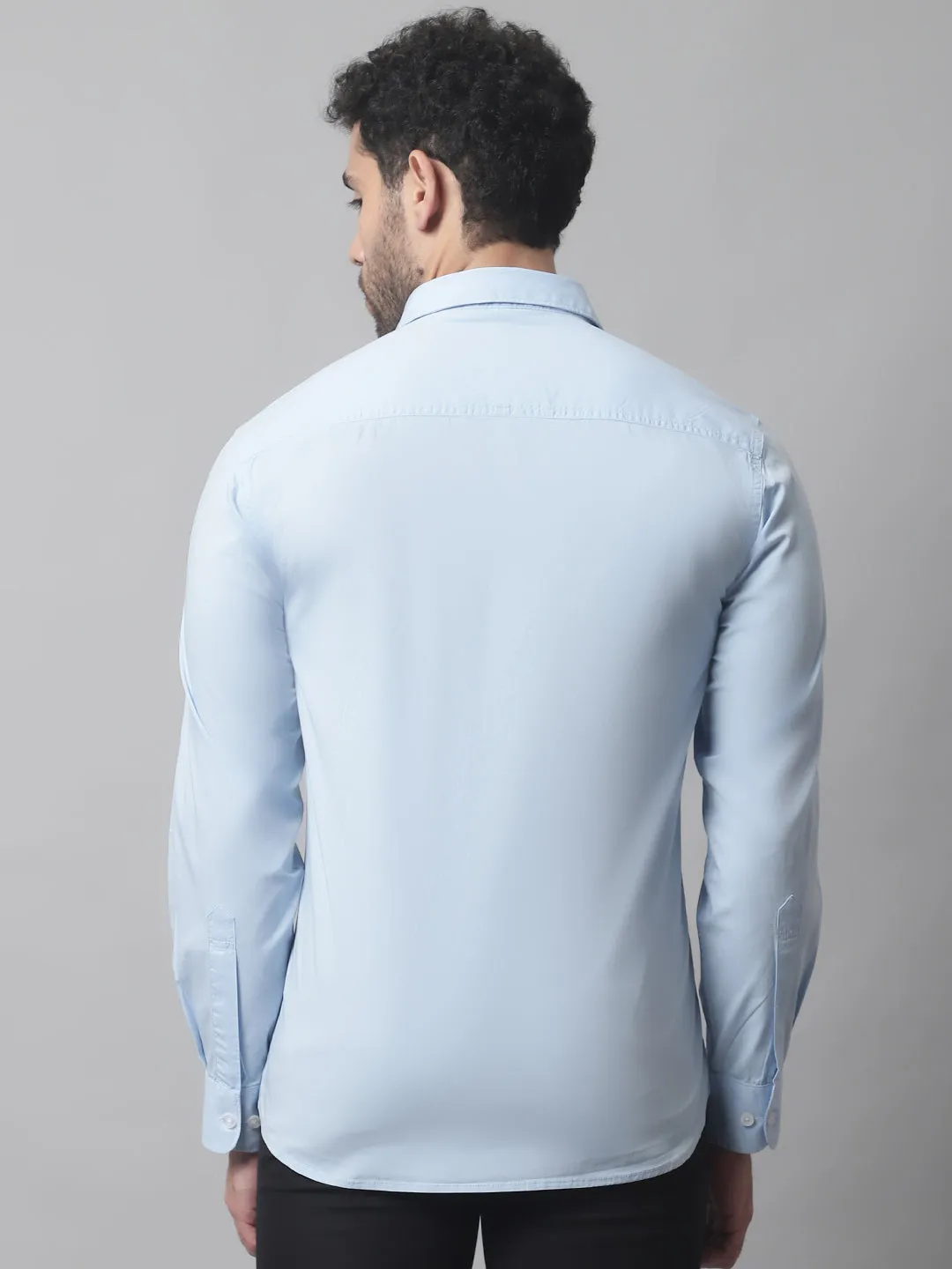 Cantabil Cotton Blend Solid Sky Blue Full Sleeve Casual Shirt for Men with Pocket