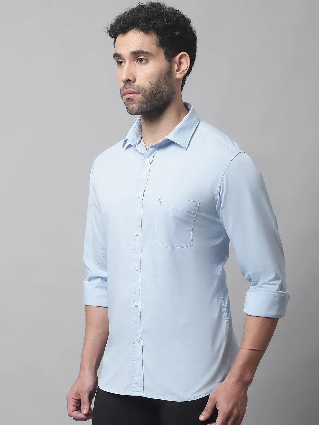 Cantabil Cotton Blend Solid Sky Blue Full Sleeve Casual Shirt for Men with Pocket