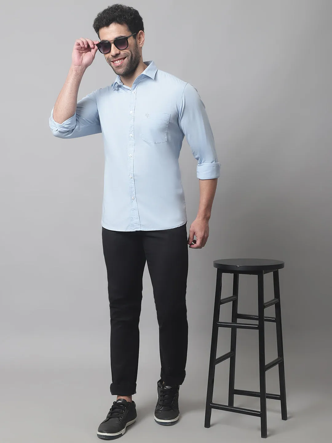 Cantabil Cotton Blend Solid Sky Blue Full Sleeve Casual Shirt for Men with Pocket