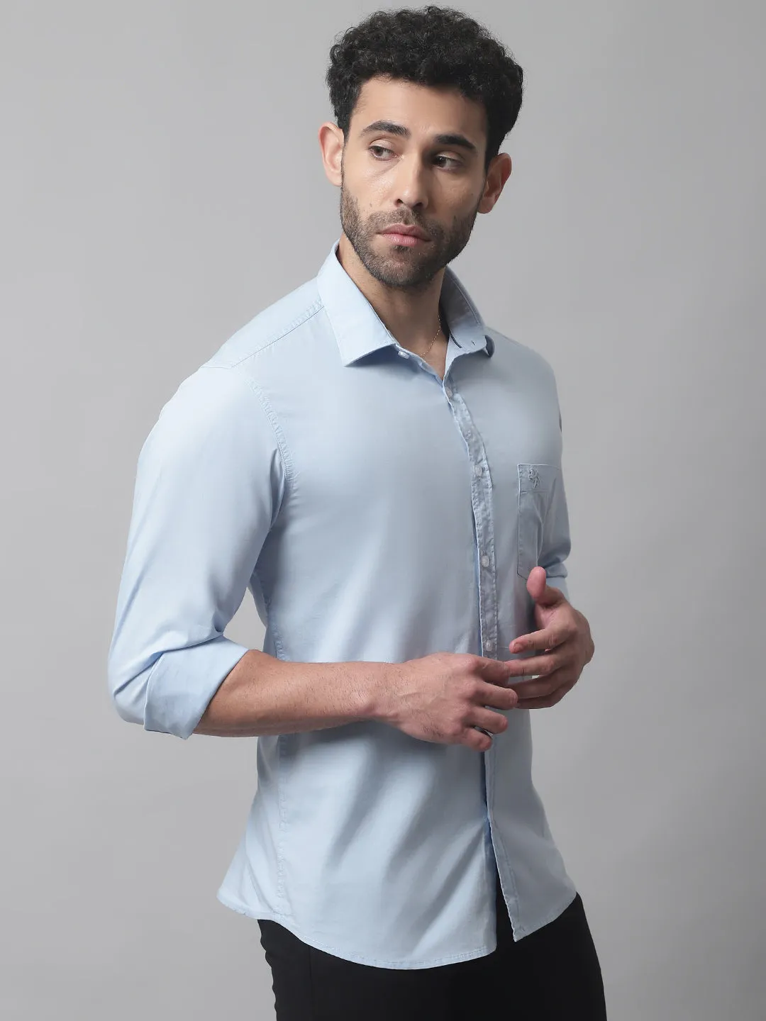 Cantabil Cotton Blend Solid Sky Blue Full Sleeve Casual Shirt for Men with Pocket