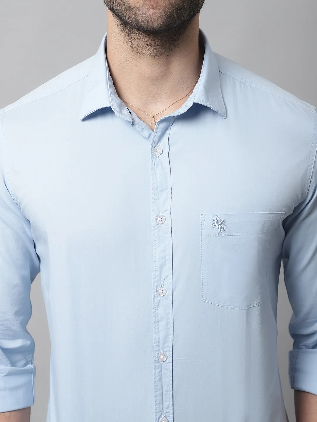 Cantabil Cotton Blend Solid Sky Blue Full Sleeve Casual Shirt for Men with Pocket