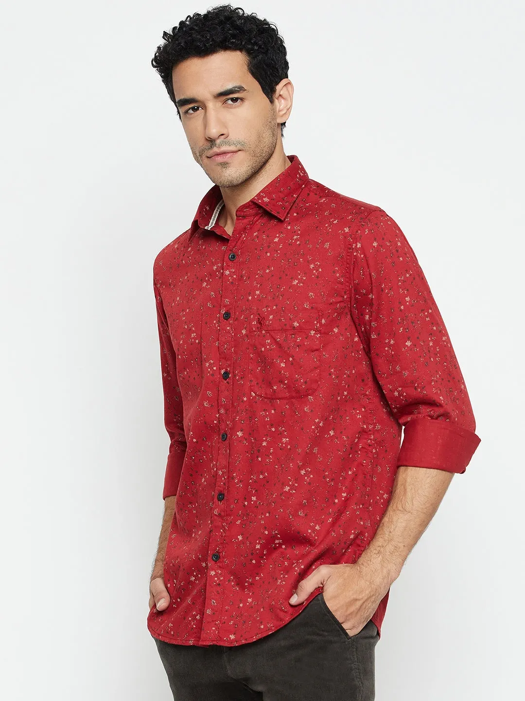 Cantabil Cotton Brick Red Printed Full Sleeve Regular Fit Casual Shirt for Men with Pocket