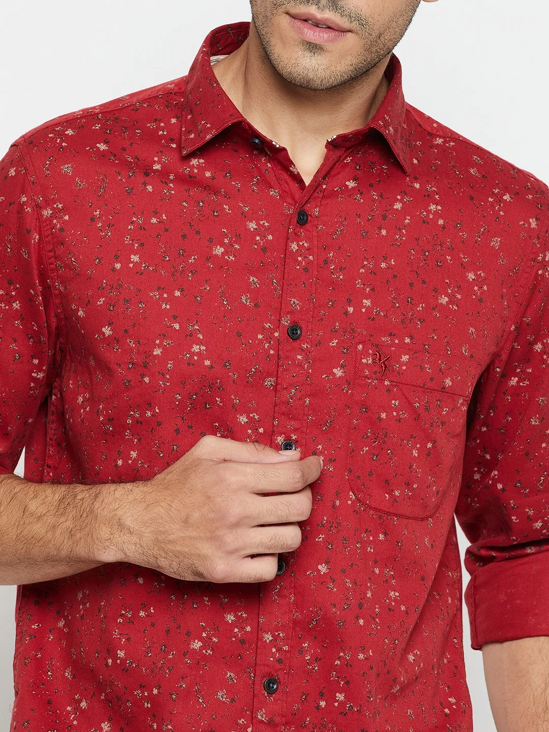 Cantabil Cotton Brick Red Printed Full Sleeve Regular Fit Casual Shirt for Men with Pocket