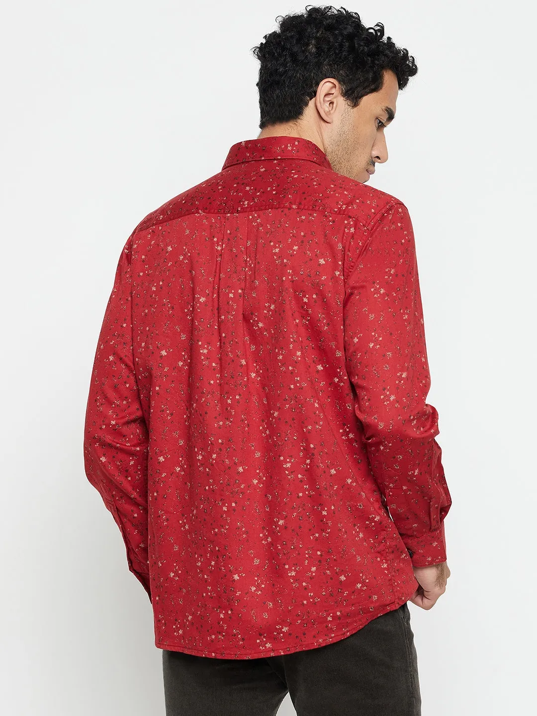 Cantabil Cotton Brick Red Printed Full Sleeve Regular Fit Casual Shirt for Men with Pocket
