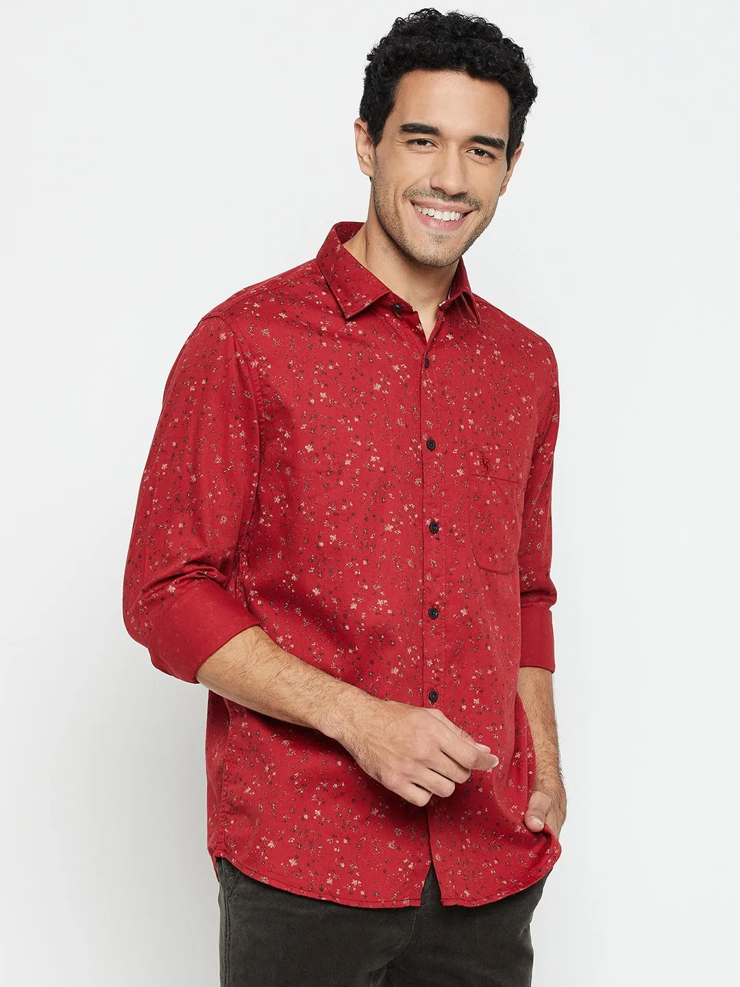 Cantabil Cotton Brick Red Printed Full Sleeve Regular Fit Casual Shirt for Men with Pocket