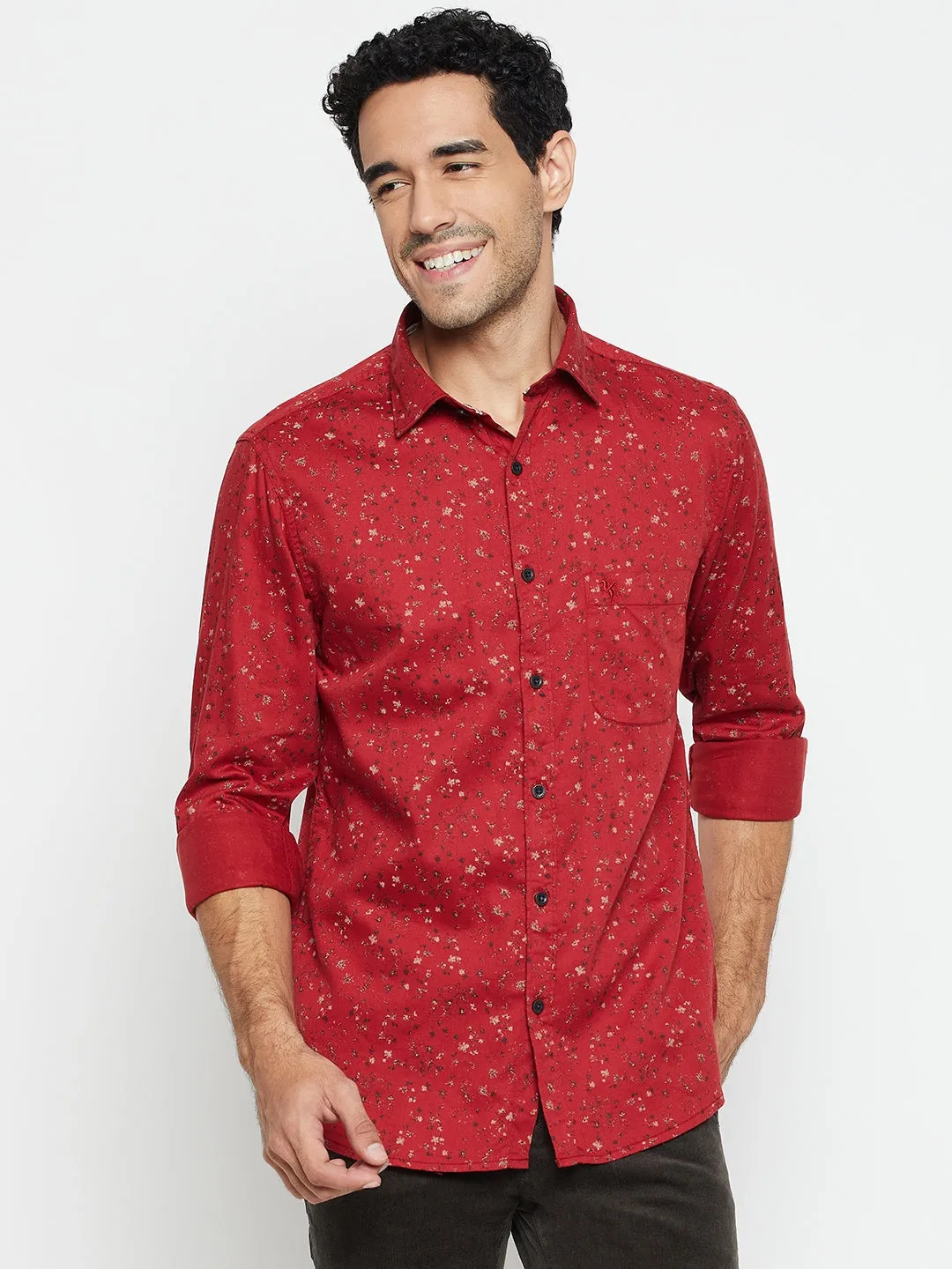 Cantabil Cotton Brick Red Printed Full Sleeve Regular Fit Casual Shirt for Men with Pocket