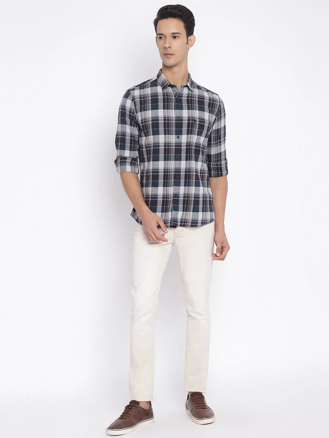 Cantabil Cotton Checkered Blue Full Sleeve Casual Shirt for Men with Pocket