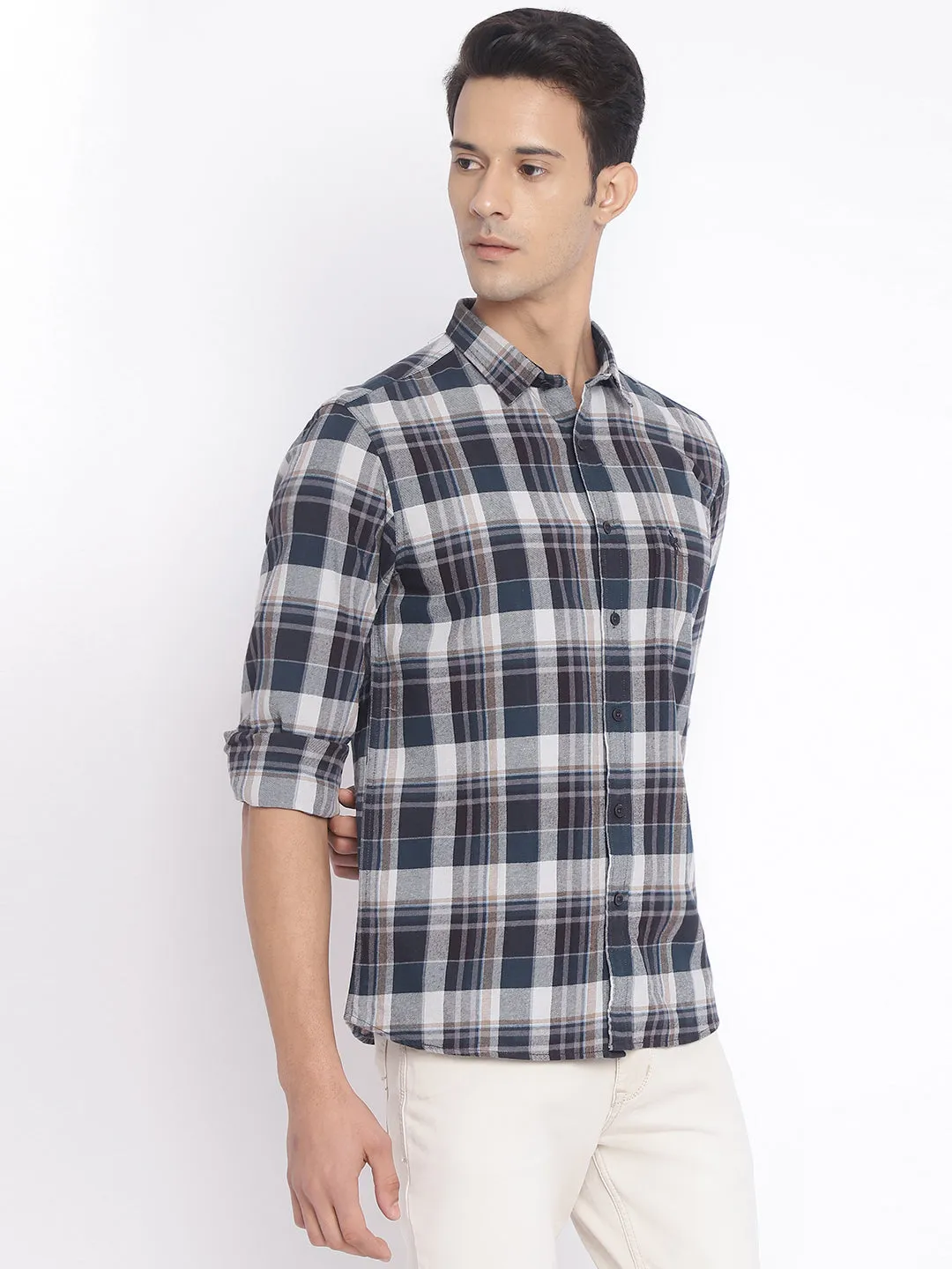 Cantabil Cotton Checkered Blue Full Sleeve Casual Shirt for Men with Pocket