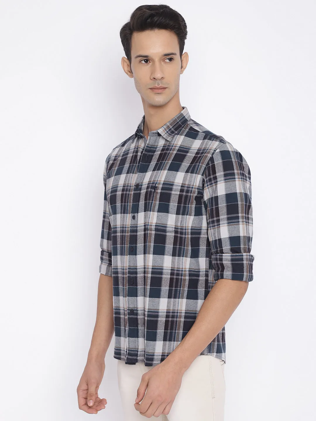 Cantabil Cotton Checkered Blue Full Sleeve Casual Shirt for Men with Pocket