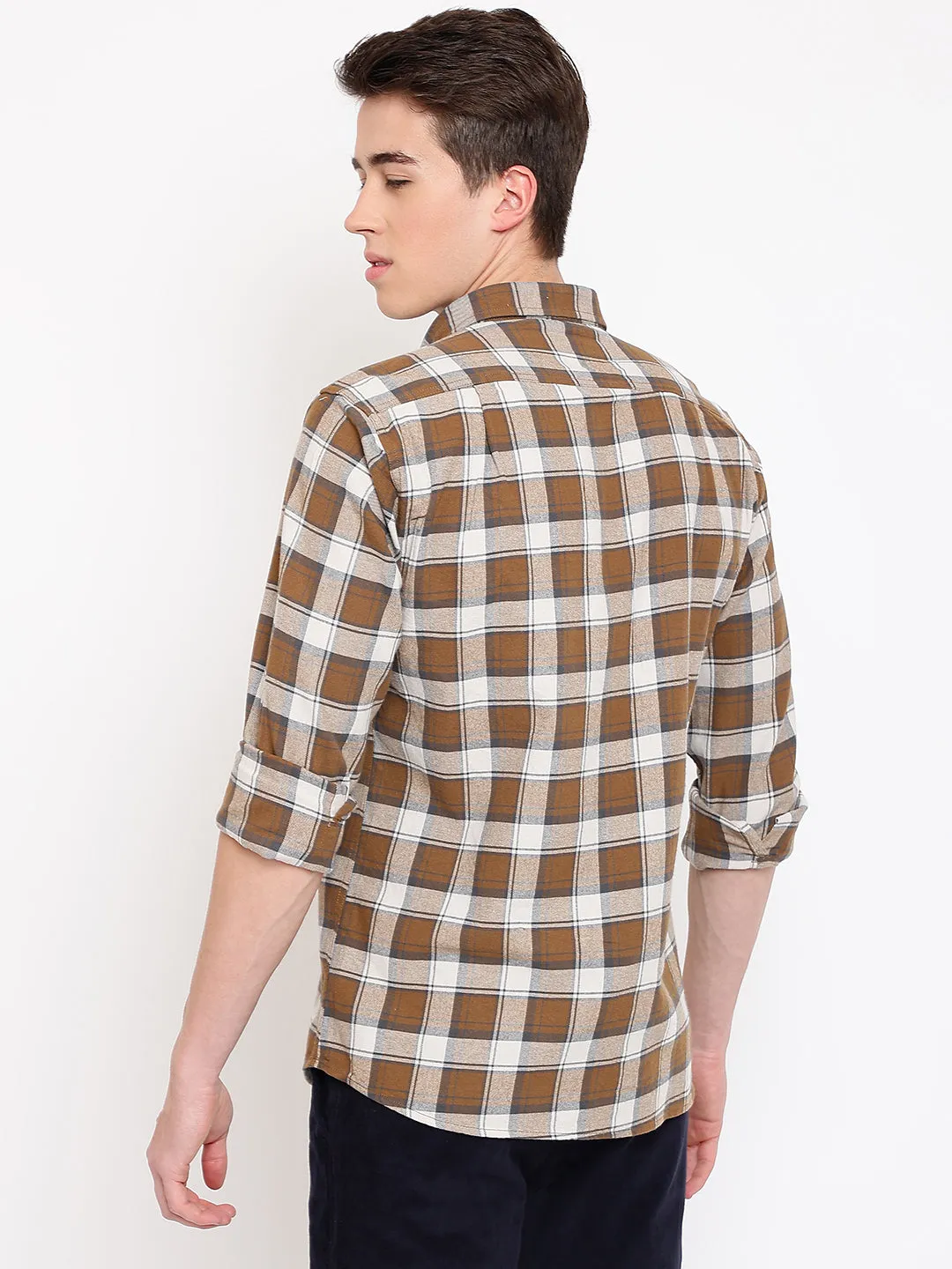 Cantabil Cotton Checkered Brown Full Sleeve Casual Shirt for Men with Pocket