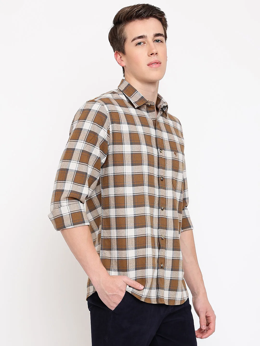 Cantabil Cotton Checkered Brown Full Sleeve Casual Shirt for Men with Pocket
