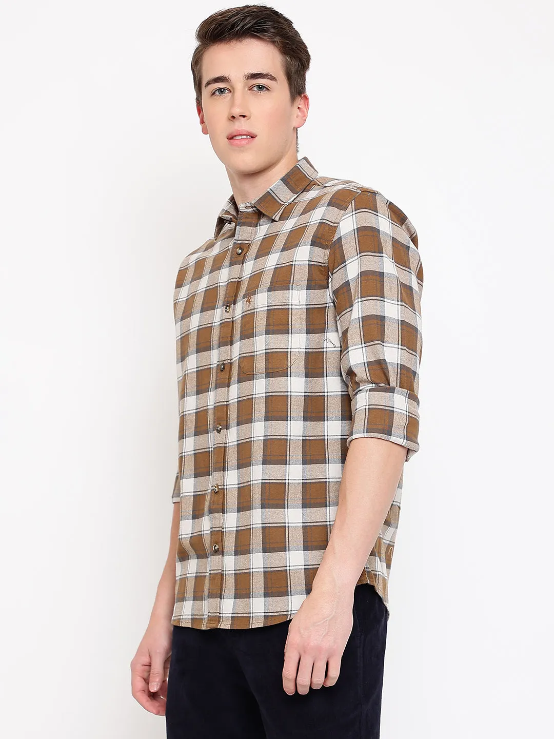 Cantabil Cotton Checkered Brown Full Sleeve Casual Shirt for Men with Pocket