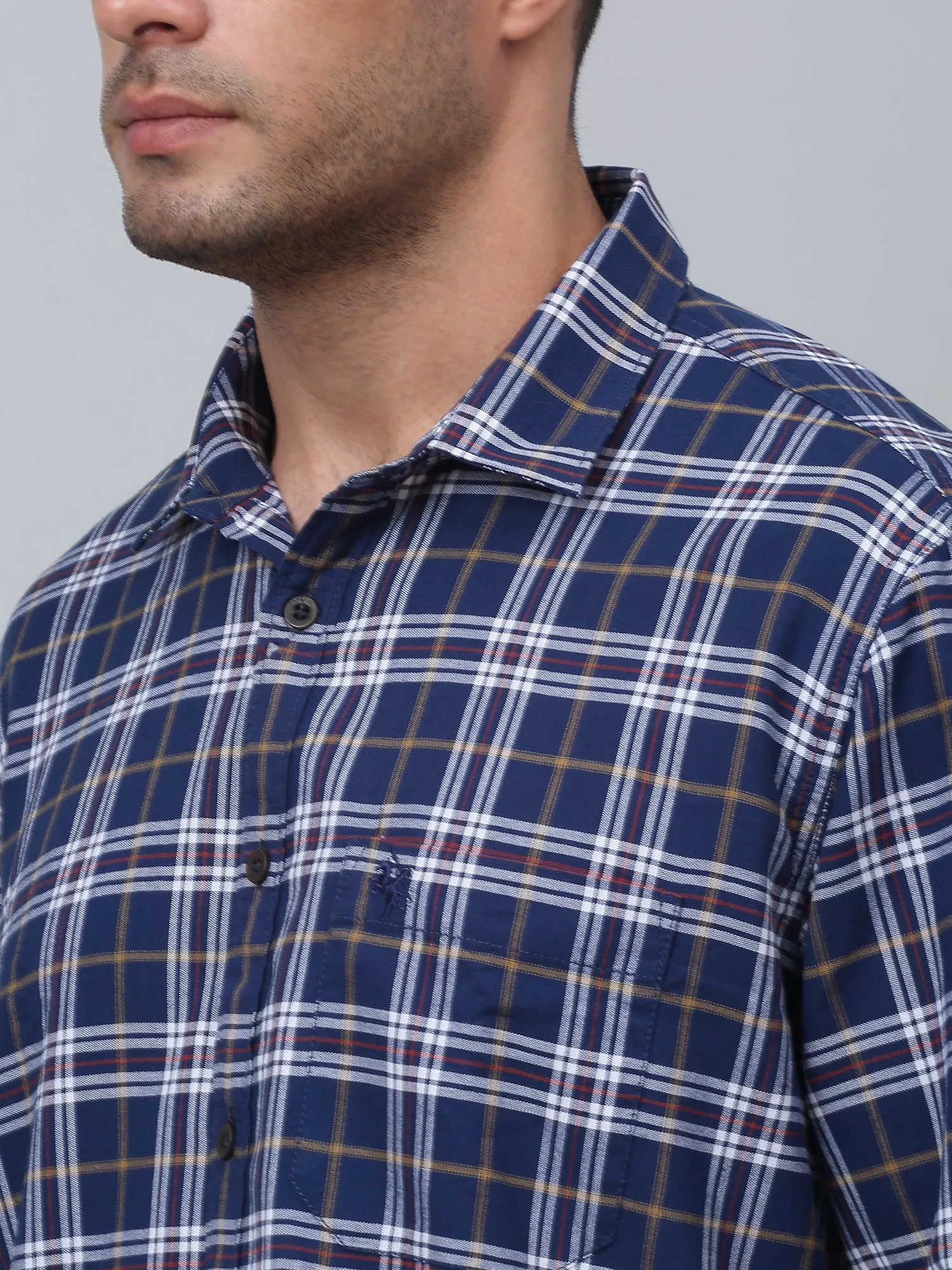 Cantabil Cotton Checkered Full Sleeve Regular Fit Navy Blue Casual Shirt for Men with Pocket