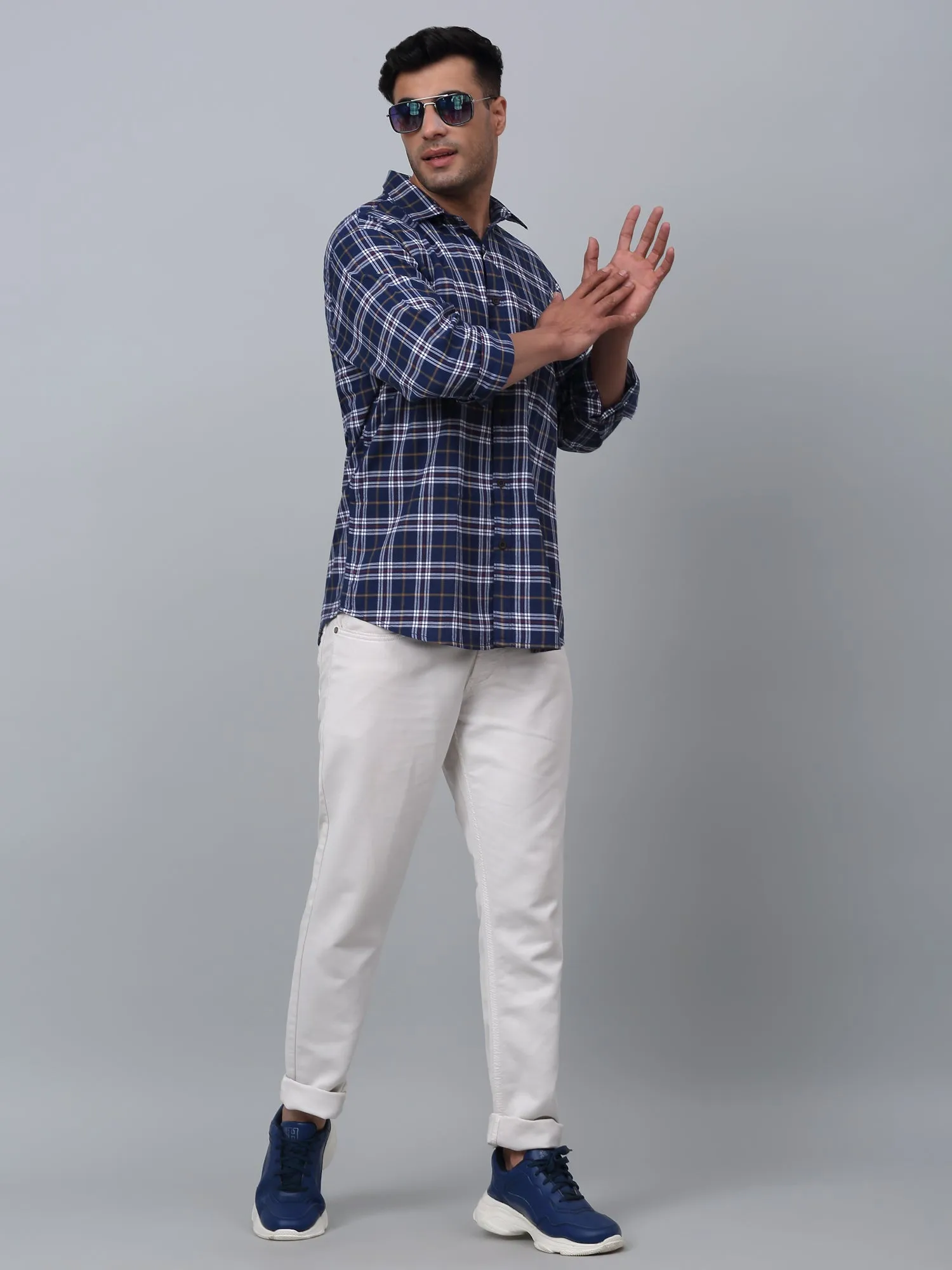 Cantabil Cotton Checkered Full Sleeve Regular Fit Navy Blue Casual Shirt for Men with Pocket