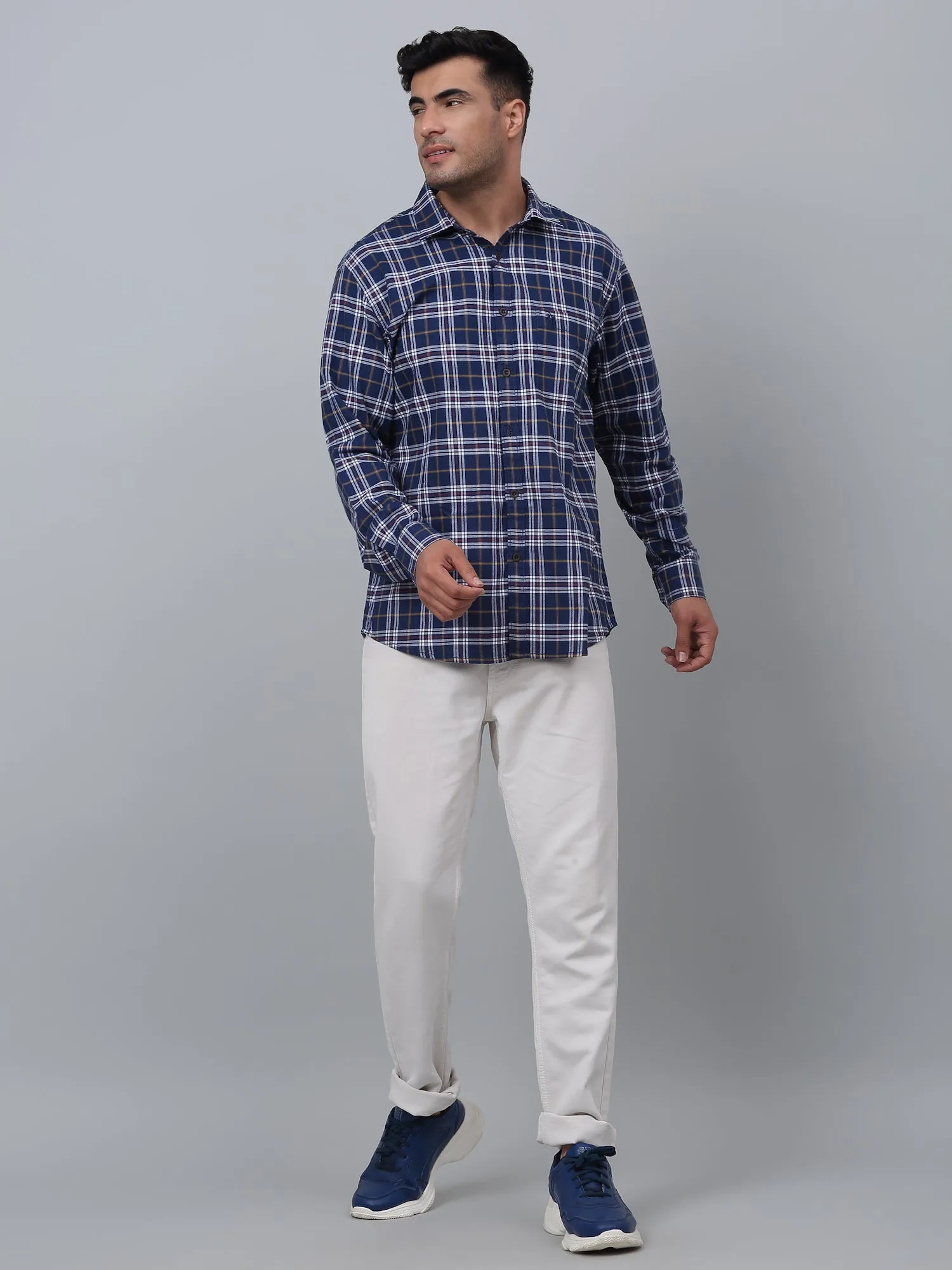 Cantabil Cotton Checkered Full Sleeve Regular Fit Navy Blue Casual Shirt for Men with Pocket
