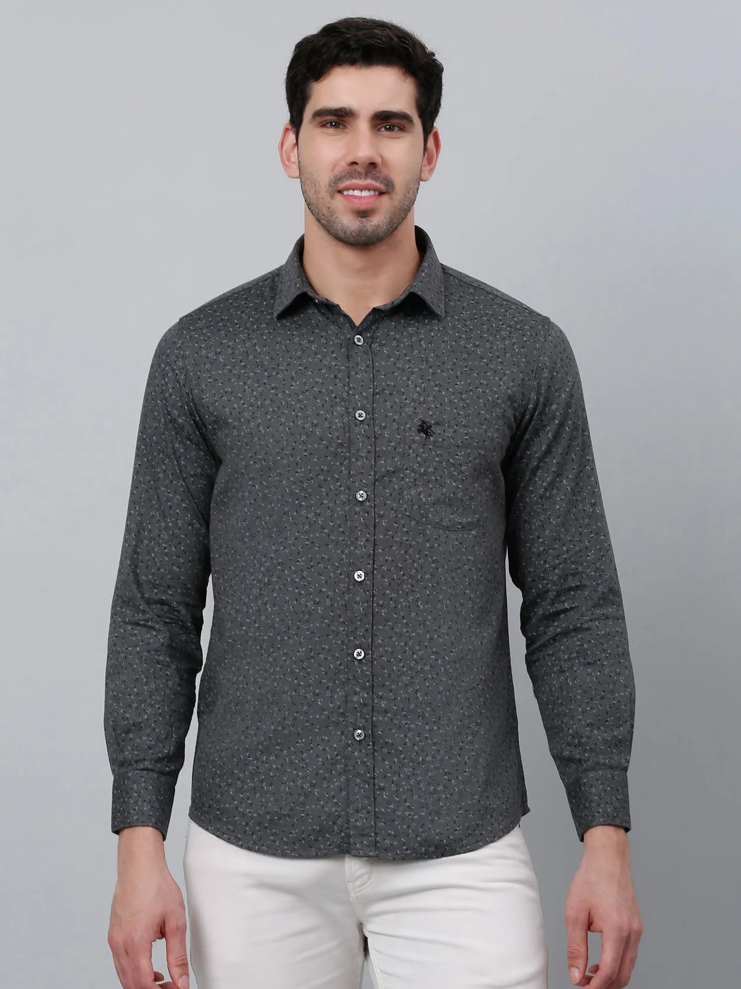 Cantabil Cotton Floral Printed Full Sleeve Regular Fit Grey Casual Shirt for Men with Pocket