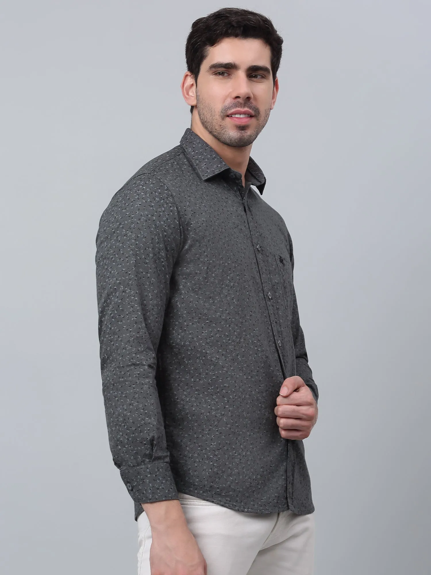 Cantabil Cotton Floral Printed Full Sleeve Regular Fit Grey Casual Shirt for Men with Pocket