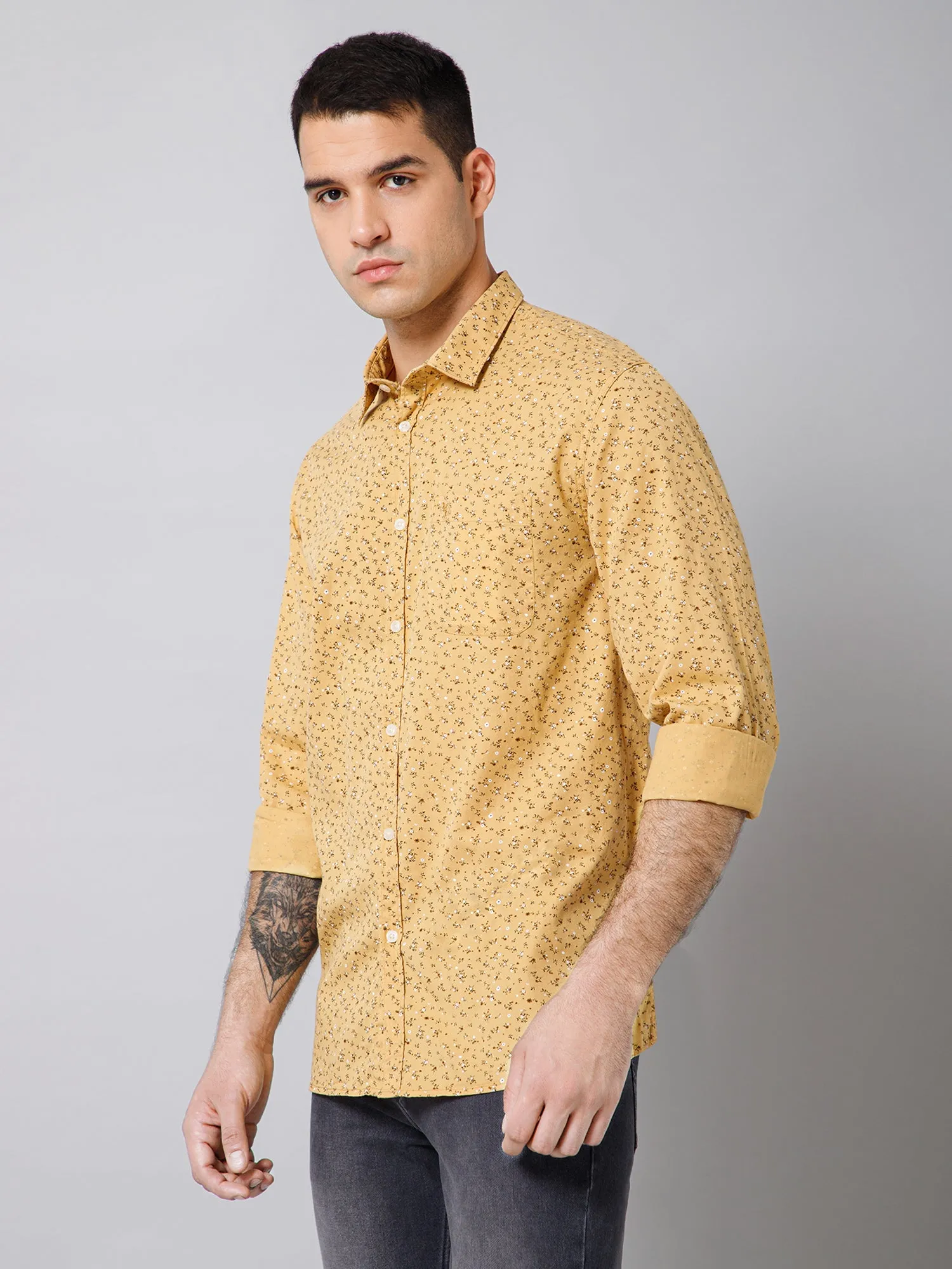 Cantabil Cotton Floral Printed Full Sleeve Regular Fit Mustard Casual Shirt with Pocket for Men