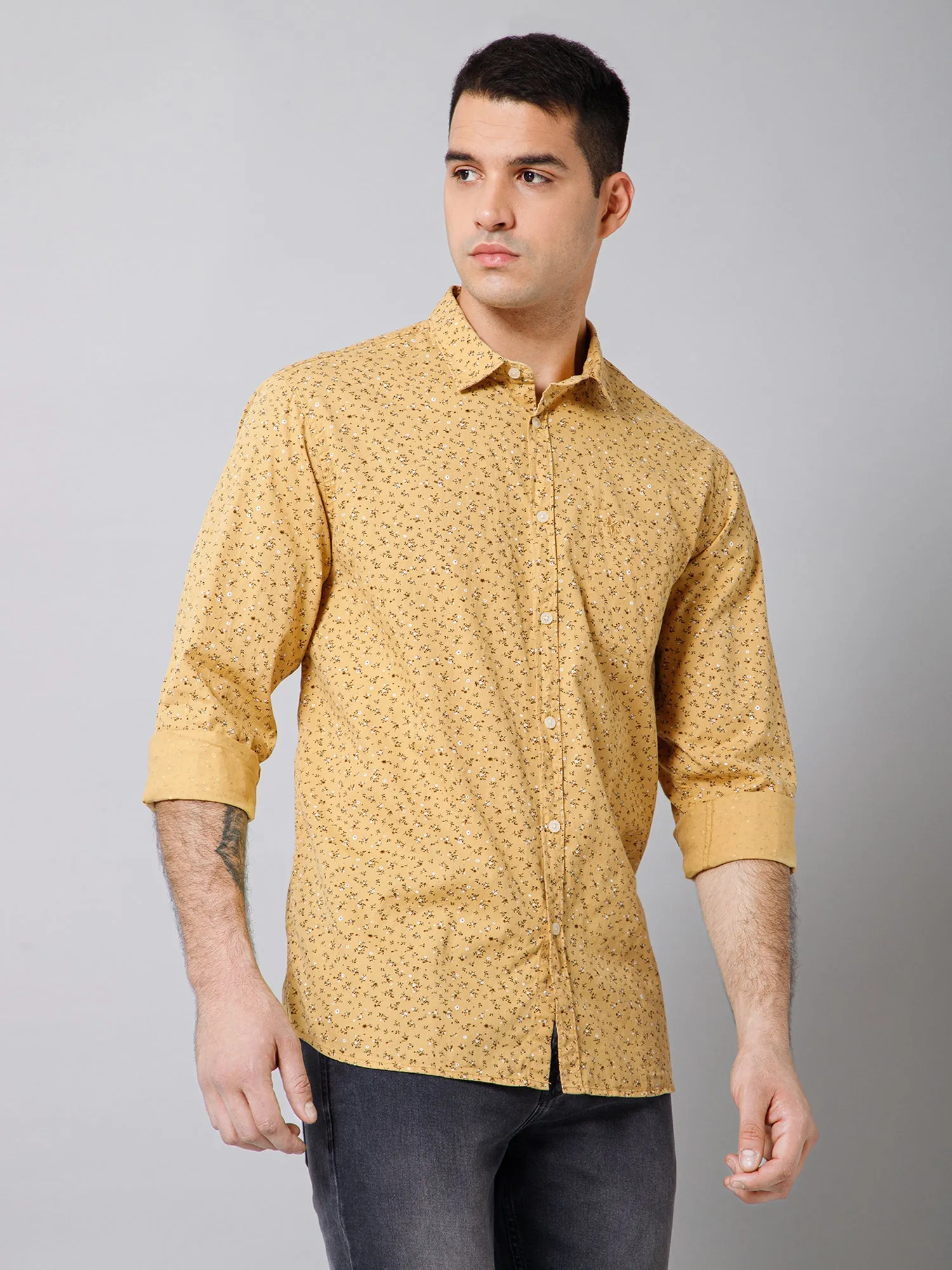 Cantabil Cotton Floral Printed Full Sleeve Regular Fit Mustard Casual Shirt with Pocket for Men