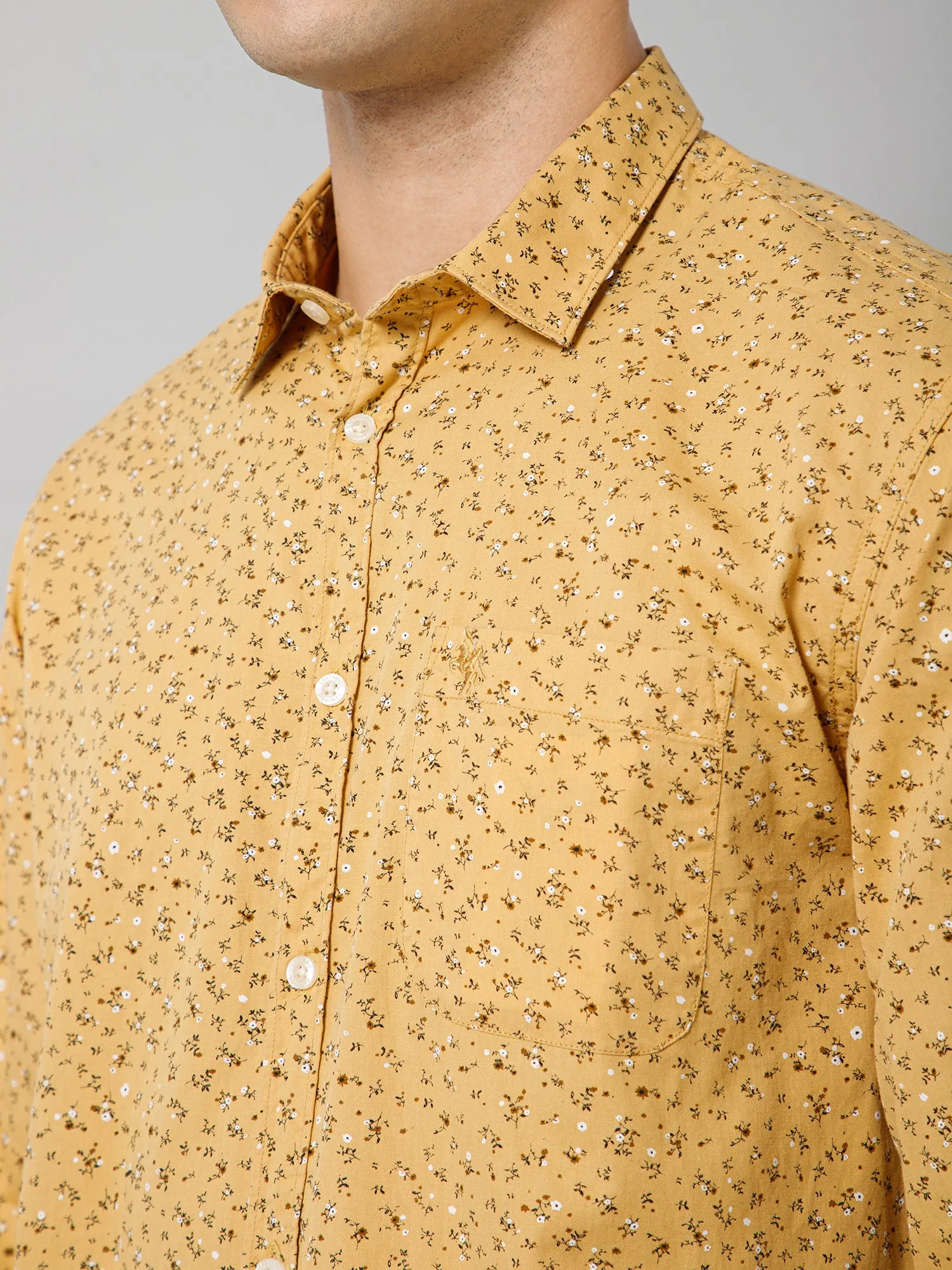 Cantabil Cotton Floral Printed Full Sleeve Regular Fit Mustard Casual Shirt with Pocket for Men