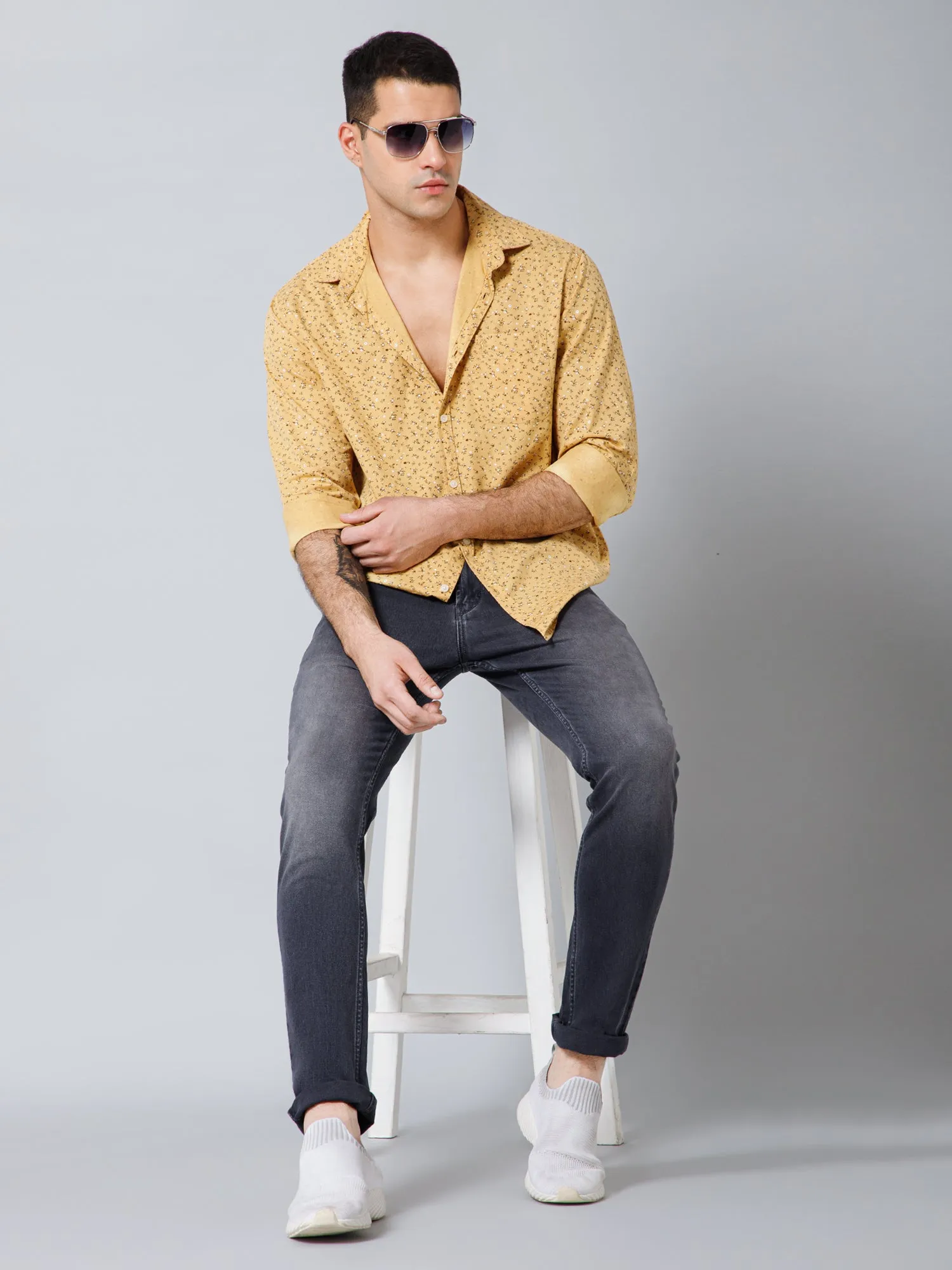 Cantabil Cotton Floral Printed Full Sleeve Regular Fit Mustard Casual Shirt with Pocket for Men