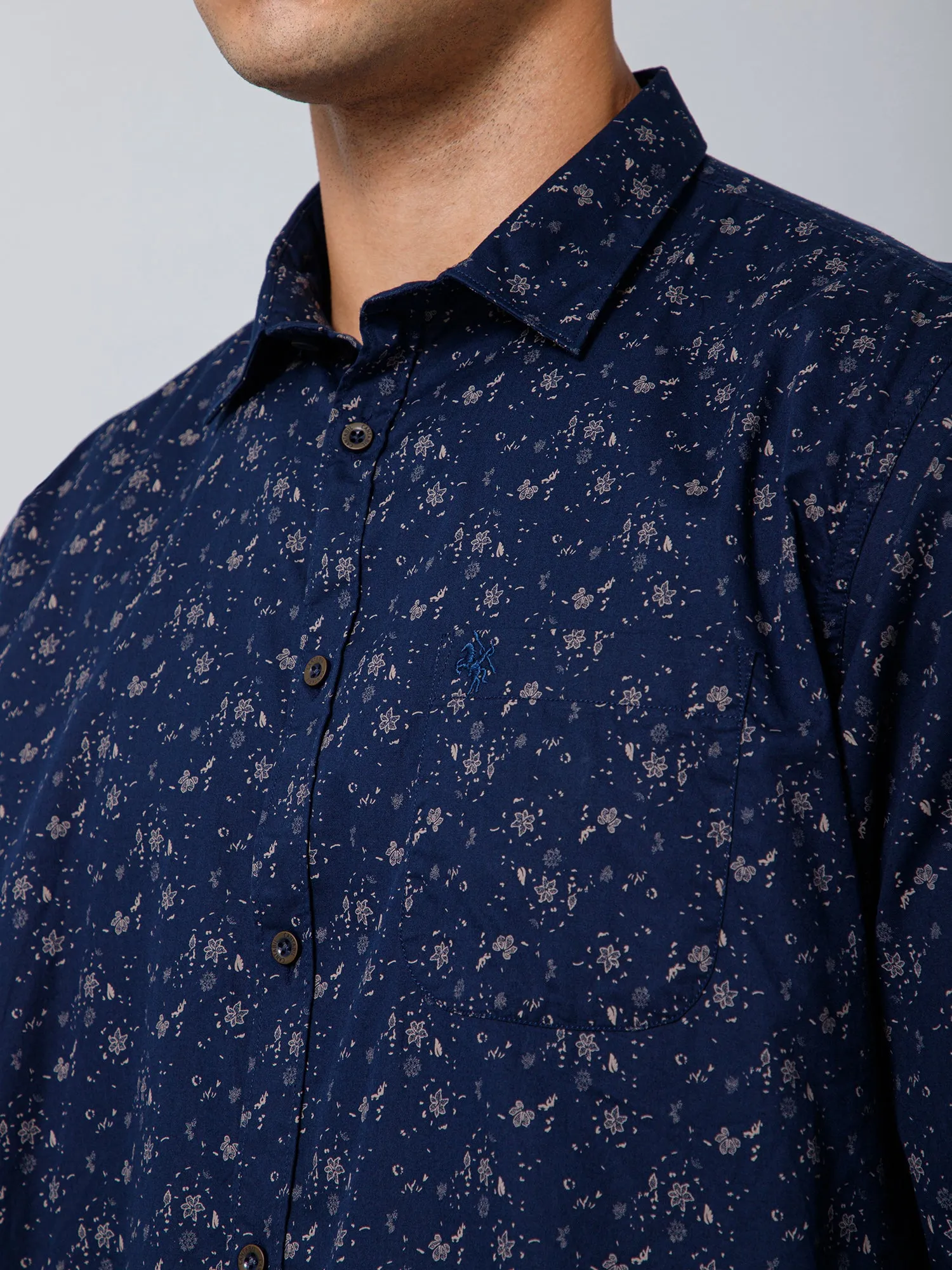 Cantabil Cotton Floral Printed Full Sleeve Regular Fit Navy Blue Casual Shirt with Pocket for Men